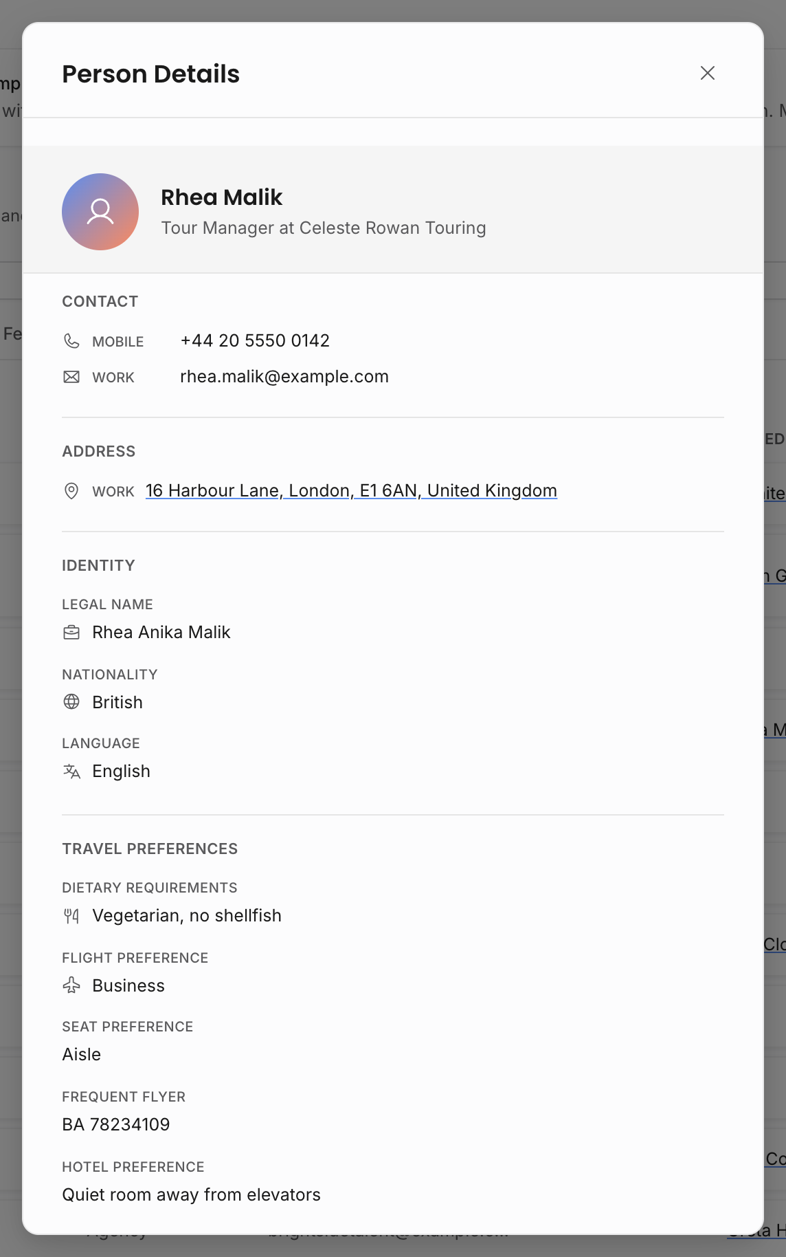 Associate read-only person detail view without an edit button or sensitive passport fields
