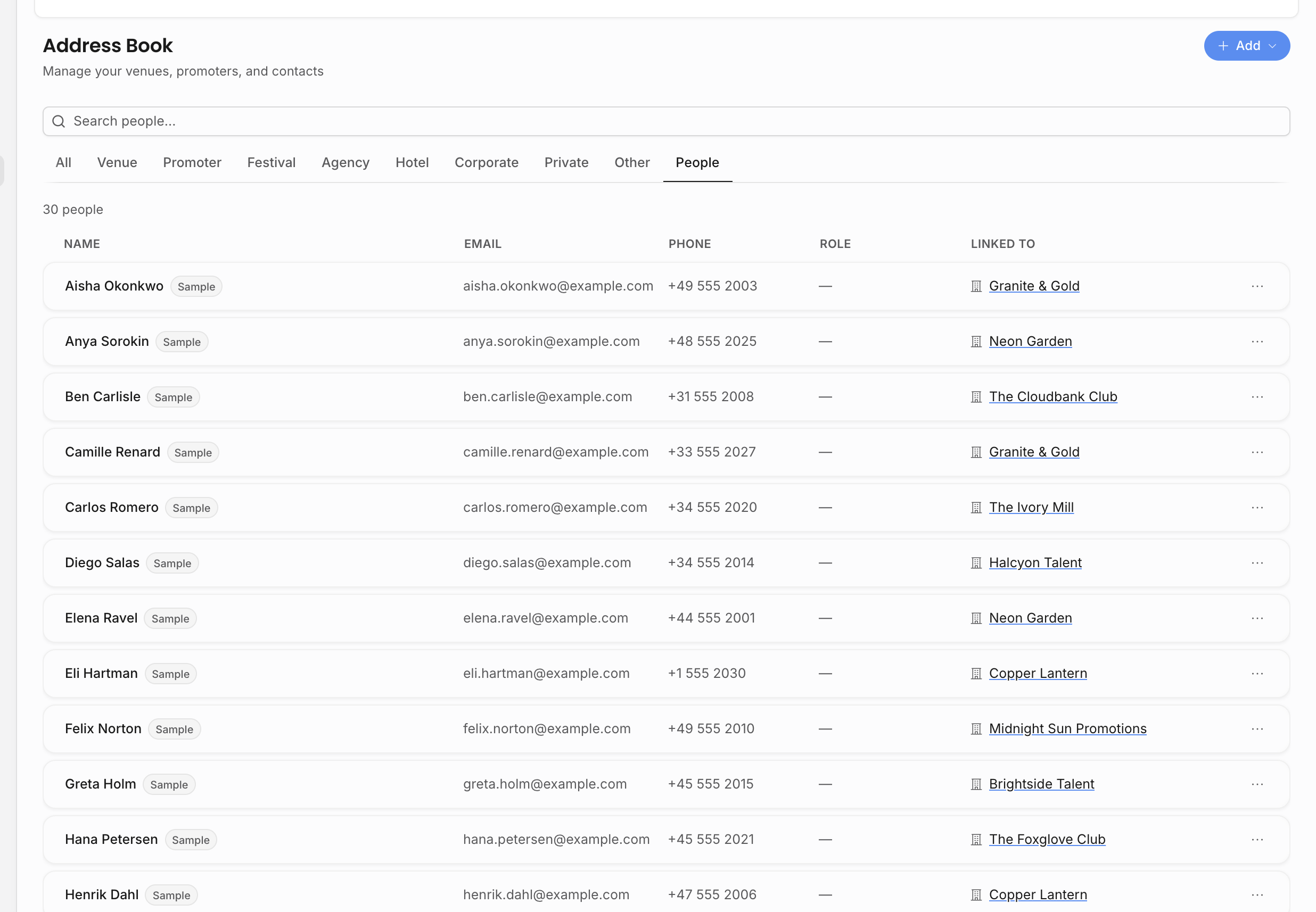 Address Book People tab showing people, emails, phone numbers, and linked business contacts