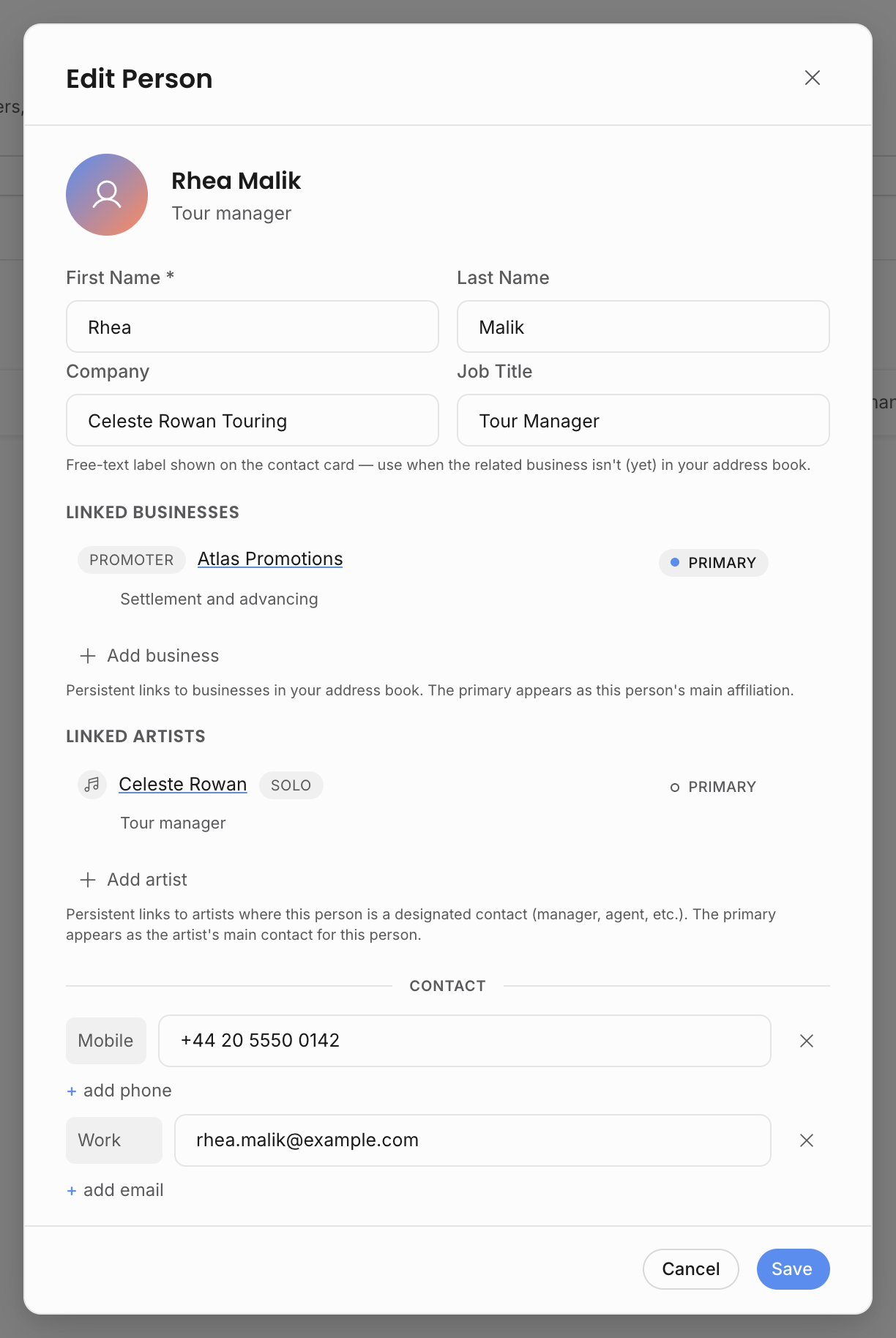Edit person dialog showing linked business and linked artist sections with roles, primary markers, and add controls