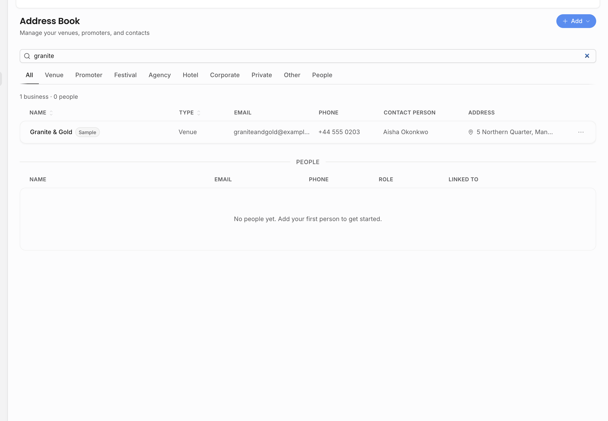 Address Book search results showing a matched venue and a separate people section