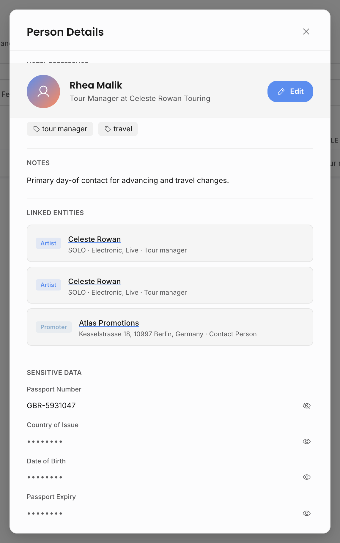 Person detail modal showing tags, notes, linked entities, and sensitive passport fields with one passport number revealed