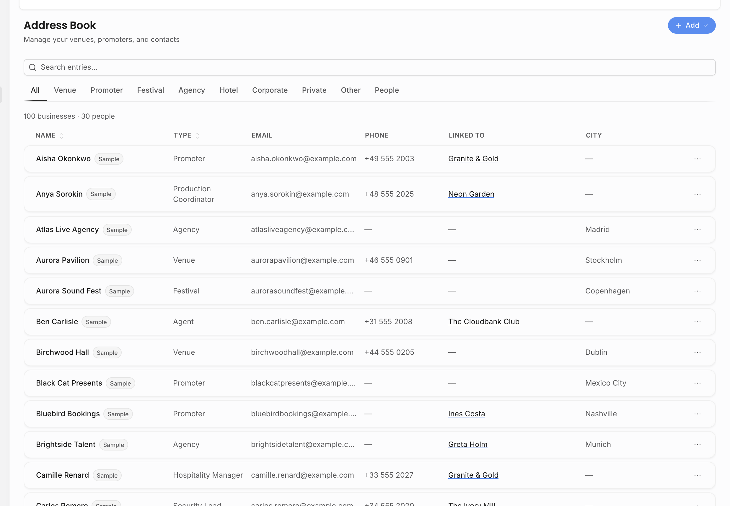 Address book with business contacts and people