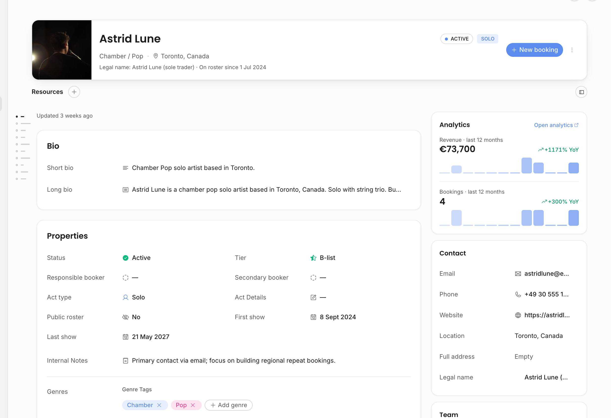 Artist page with an editable profile field and its inline saved status