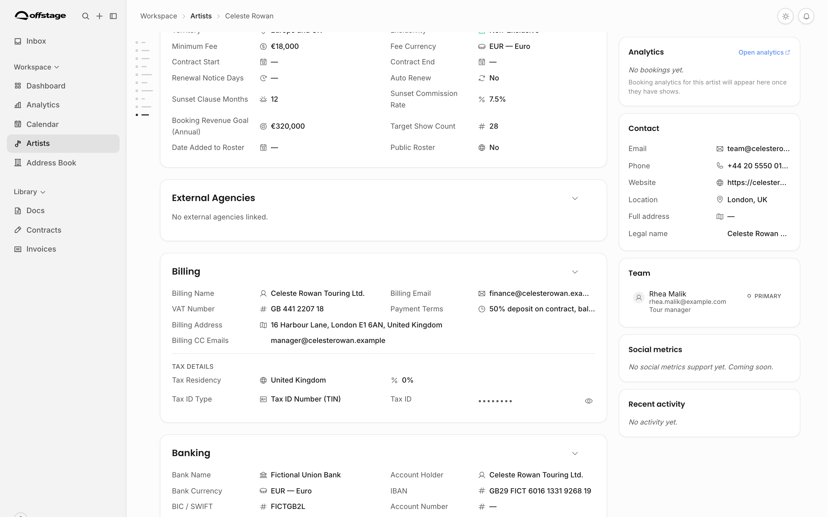 Artist page showing booking terms, billing, tax, and banking sections with populated fictional values