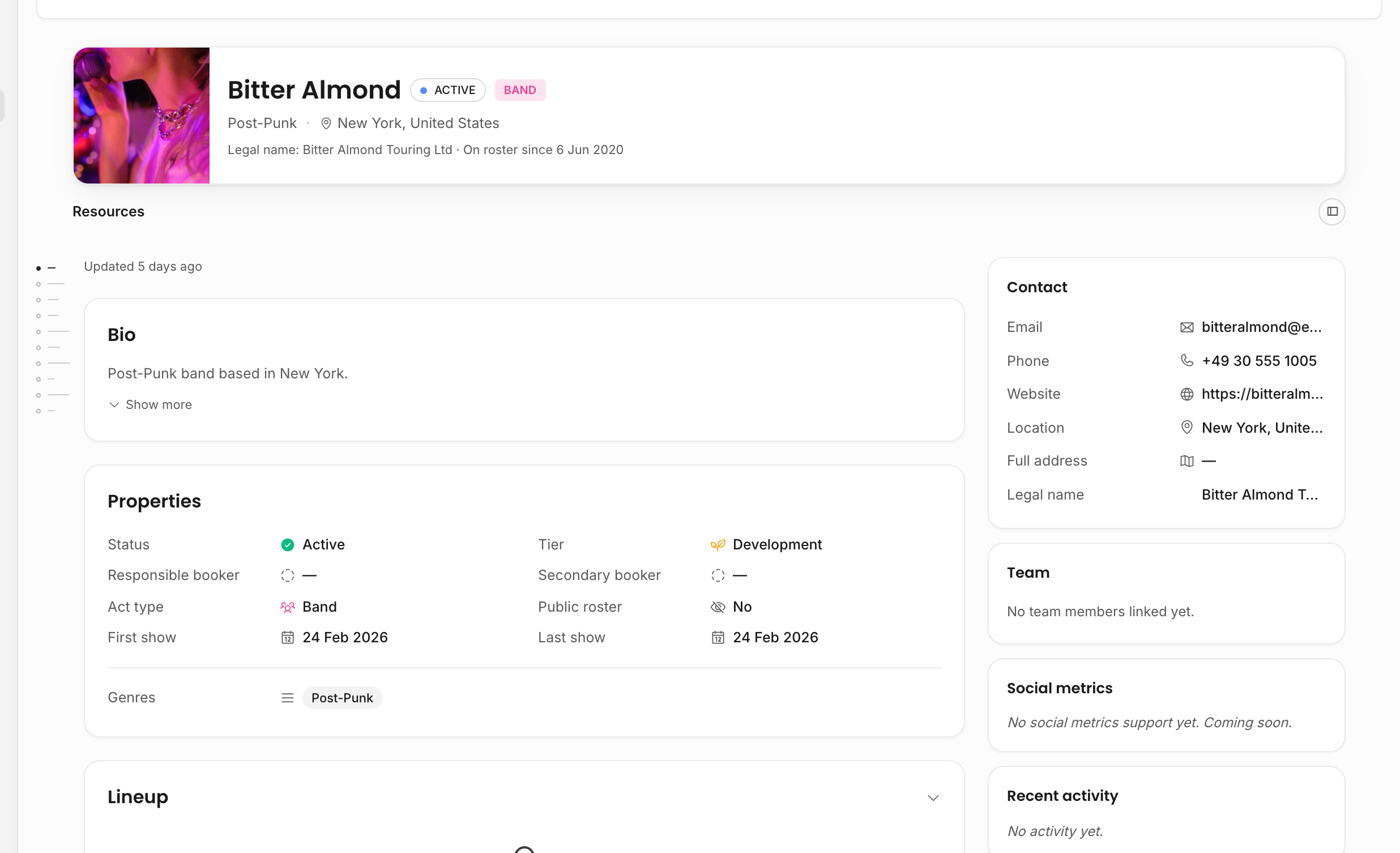 Artist page visible to a scoped Associate with the artist profile and operational sections readable
