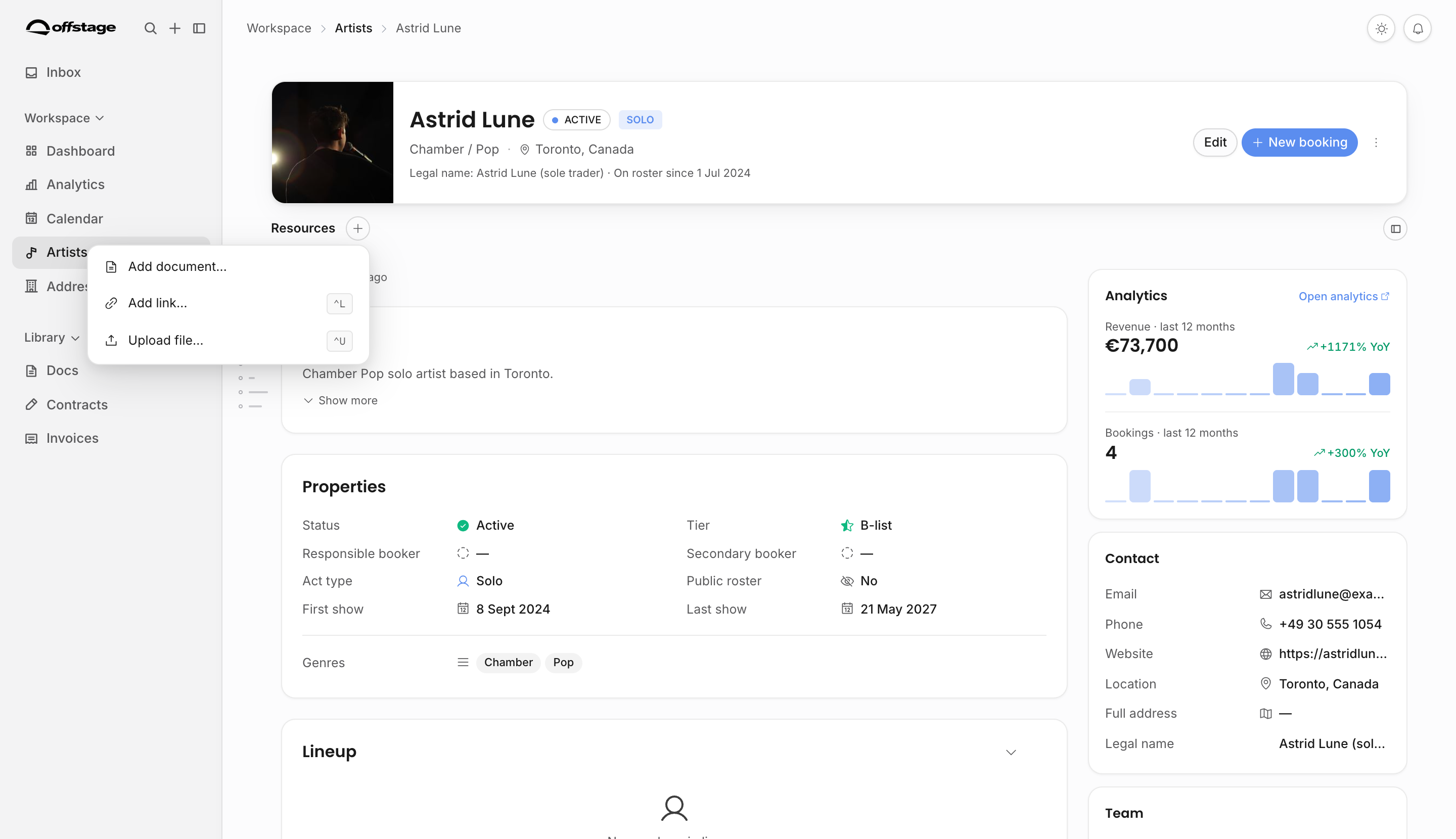 Artist page resources menu with Add document, Add link, and Upload file actions