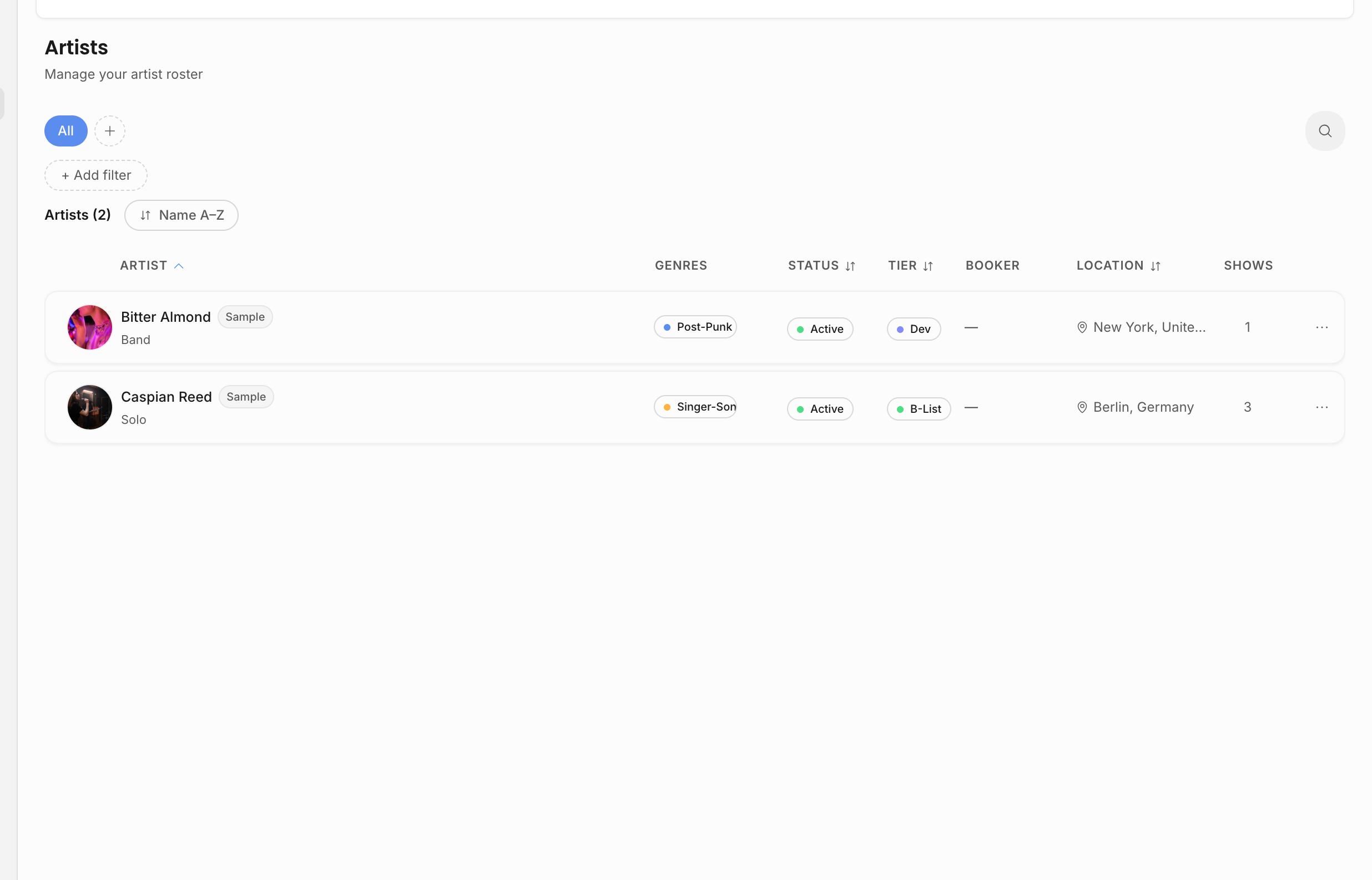 Artists roster for a scoped teammate showing only two assigned artists