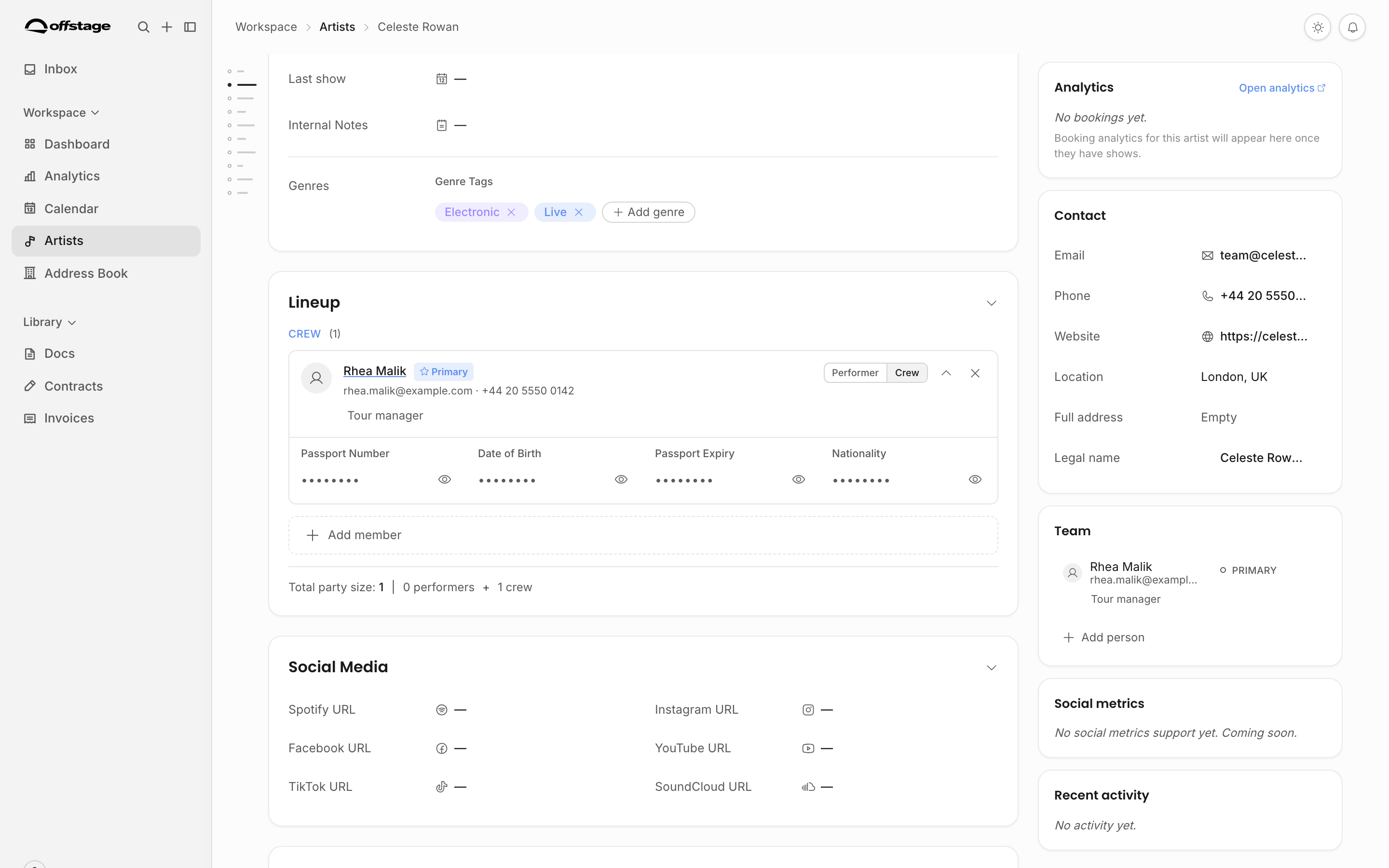 Artist lineup section with sensitive passport fields expanded and their values masked