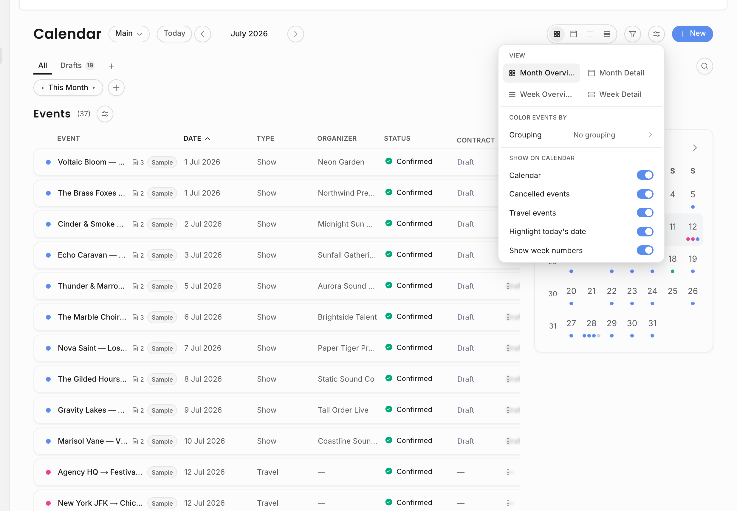 Calendar display options menu showing month and week views, event coloring, and calendar toggles