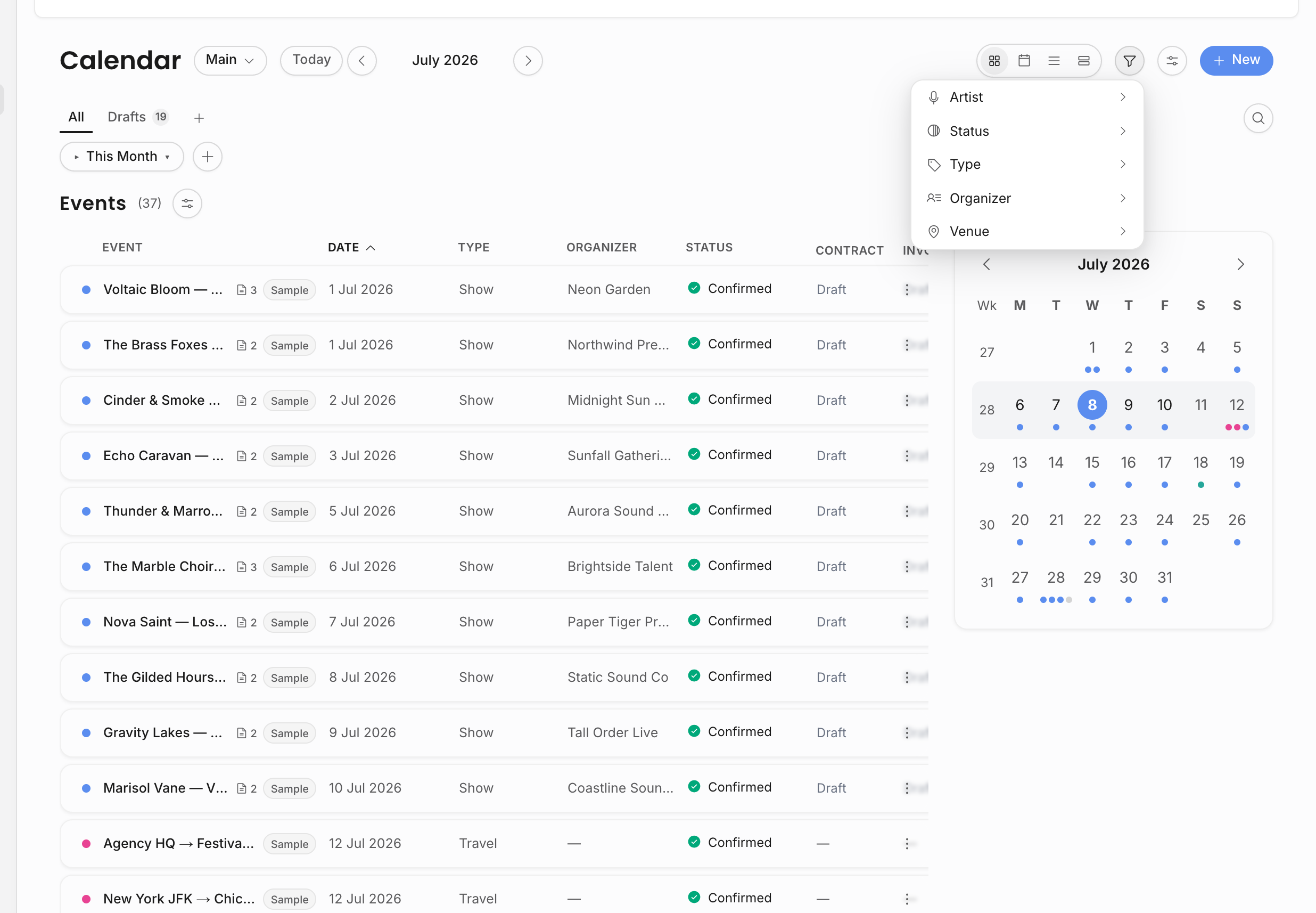 Calendar filter menu with artist, status, type, organizer, and venue filter categories