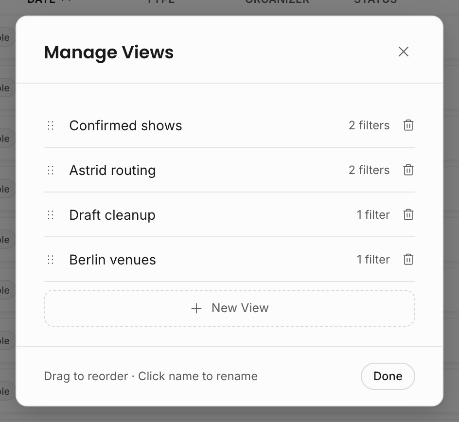 Calendar Manage Views modal with saved views, filter counts, delete controls, and New View button