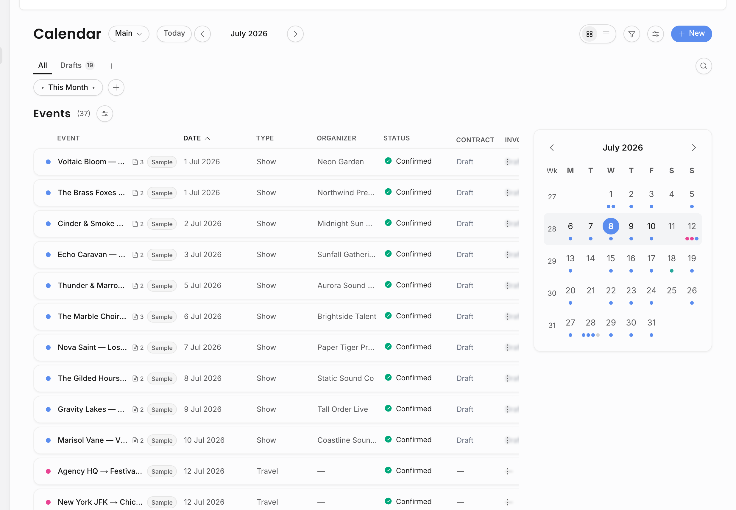 Calendar with shows, travel events, filters, saved views, and workflow columns