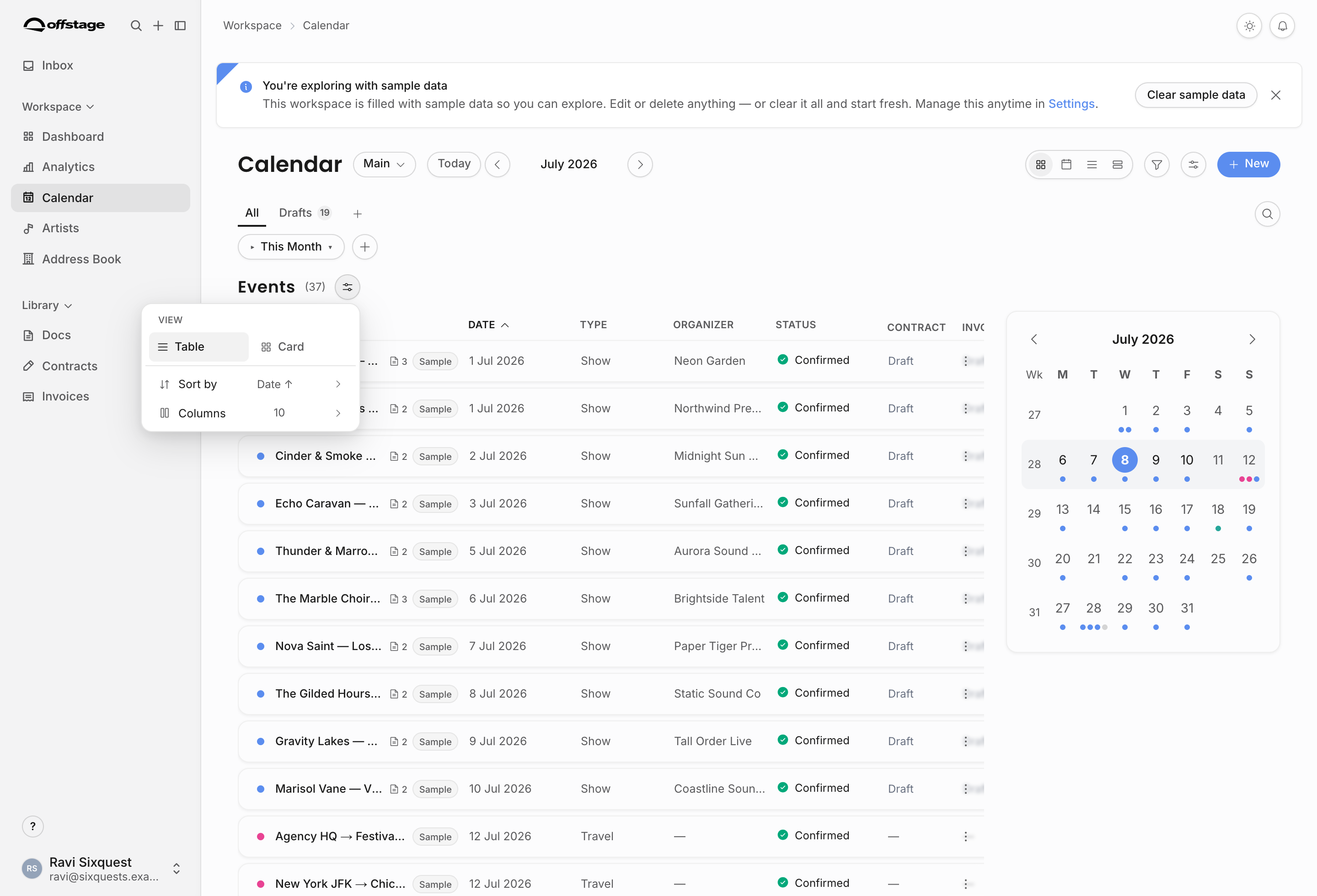 Calendar event list display menu showing table view, card view, sort by date, and column count