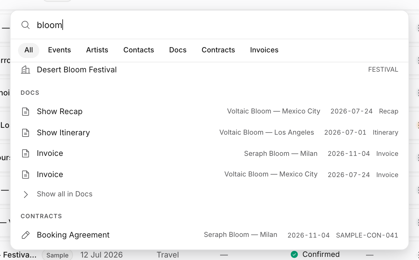 Desktop command menu search results showing matching artists, a contact, and documents for the same sample query