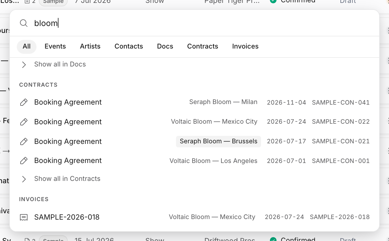 Command menu results showing document and contract matches for the same sample query