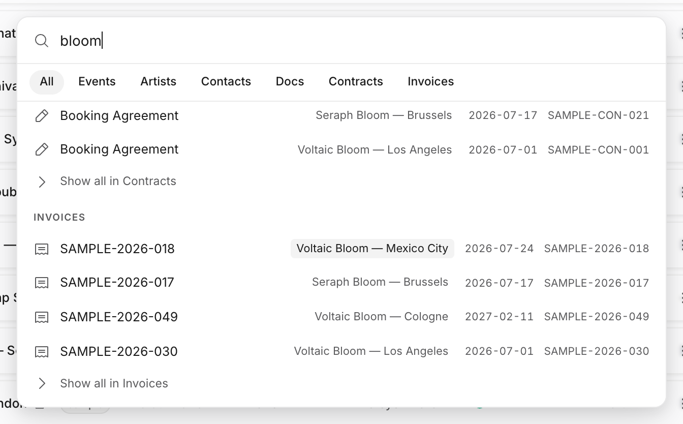 Command menu invoice results for the same sample query