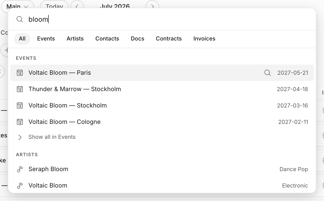 Desktop command menu search results for a sample query across events and artists
