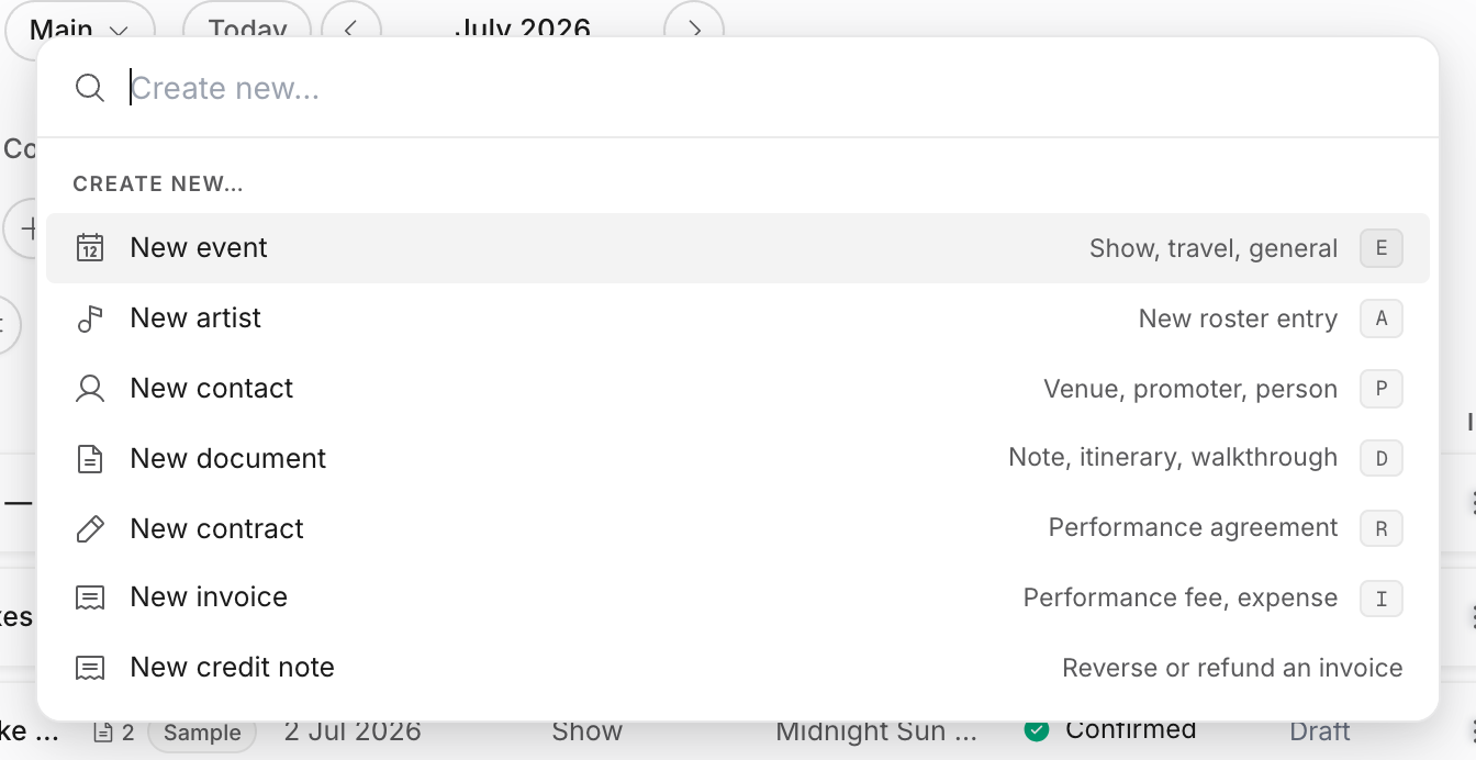 Command menu create shortcuts for new events, artists, contacts, documents, contracts, invoices, and credit notes