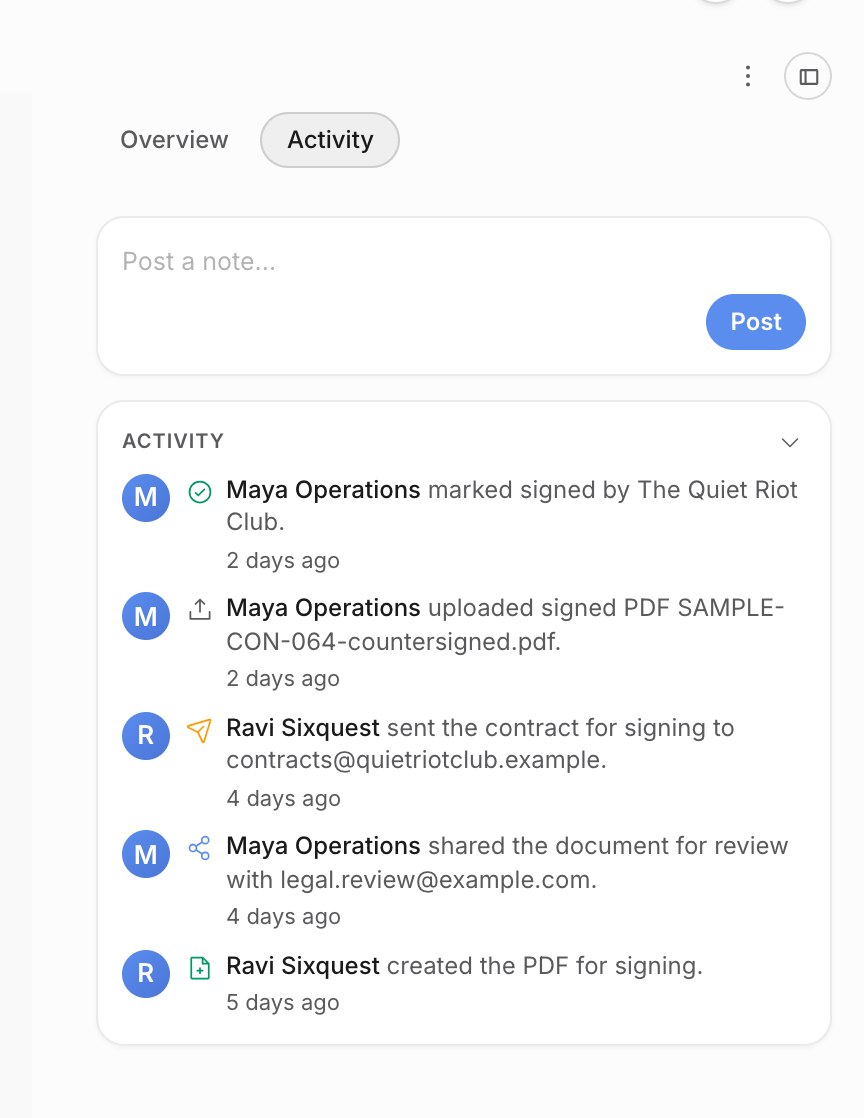 Contract Activity tab with PDF creation, review share, signing email, signed PDF upload, and signed status entries