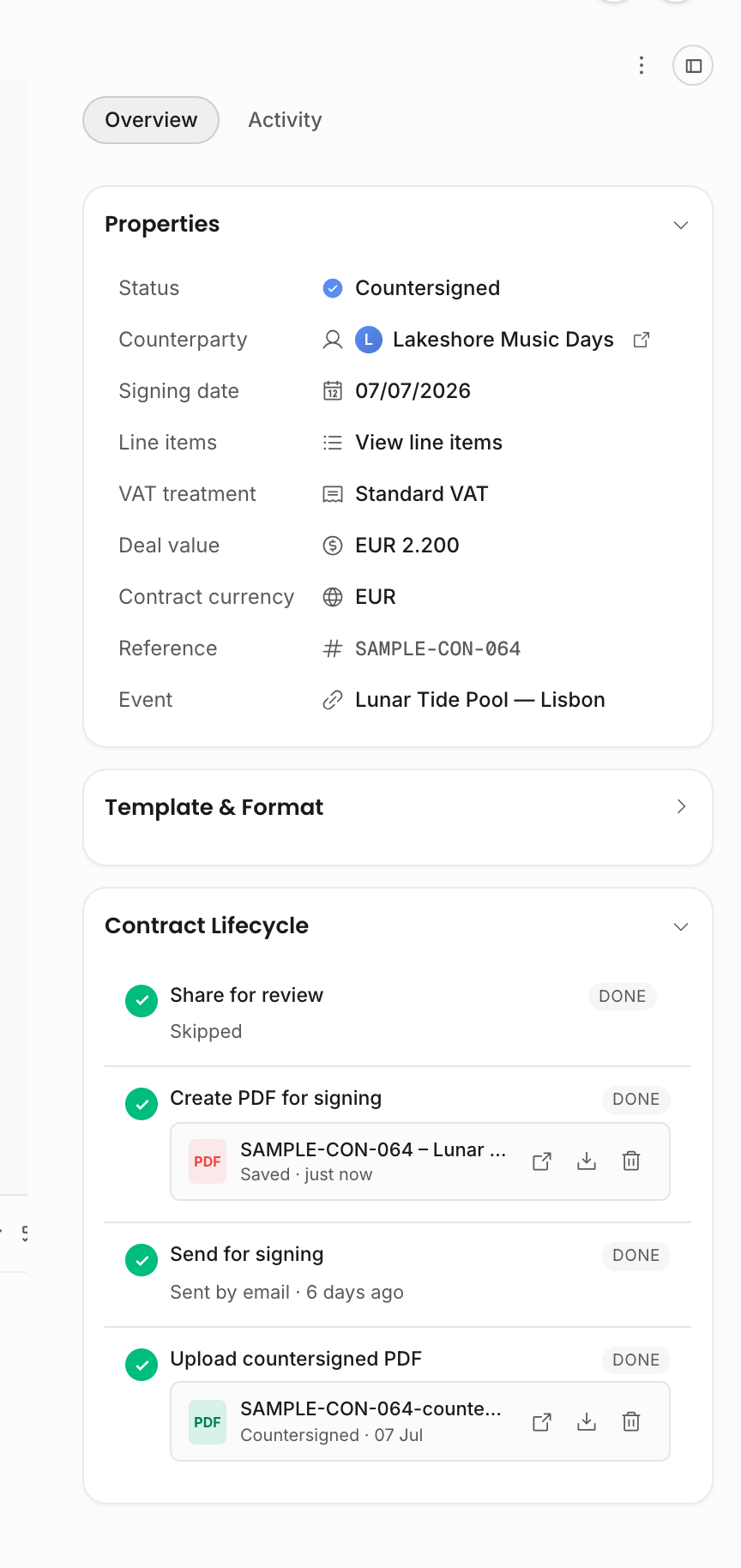 Contract lifecycle rail showing a countersigned contract with signed date and uploaded countersigned PDF