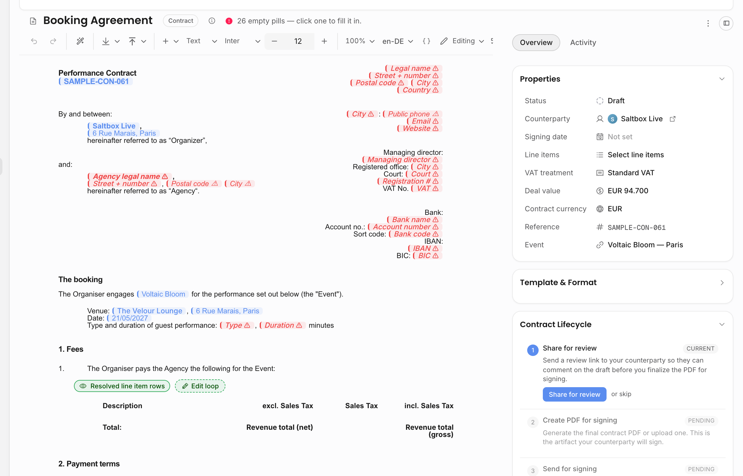 Contract document page with live pills, properties, selected deal value, and the lifecycle rail