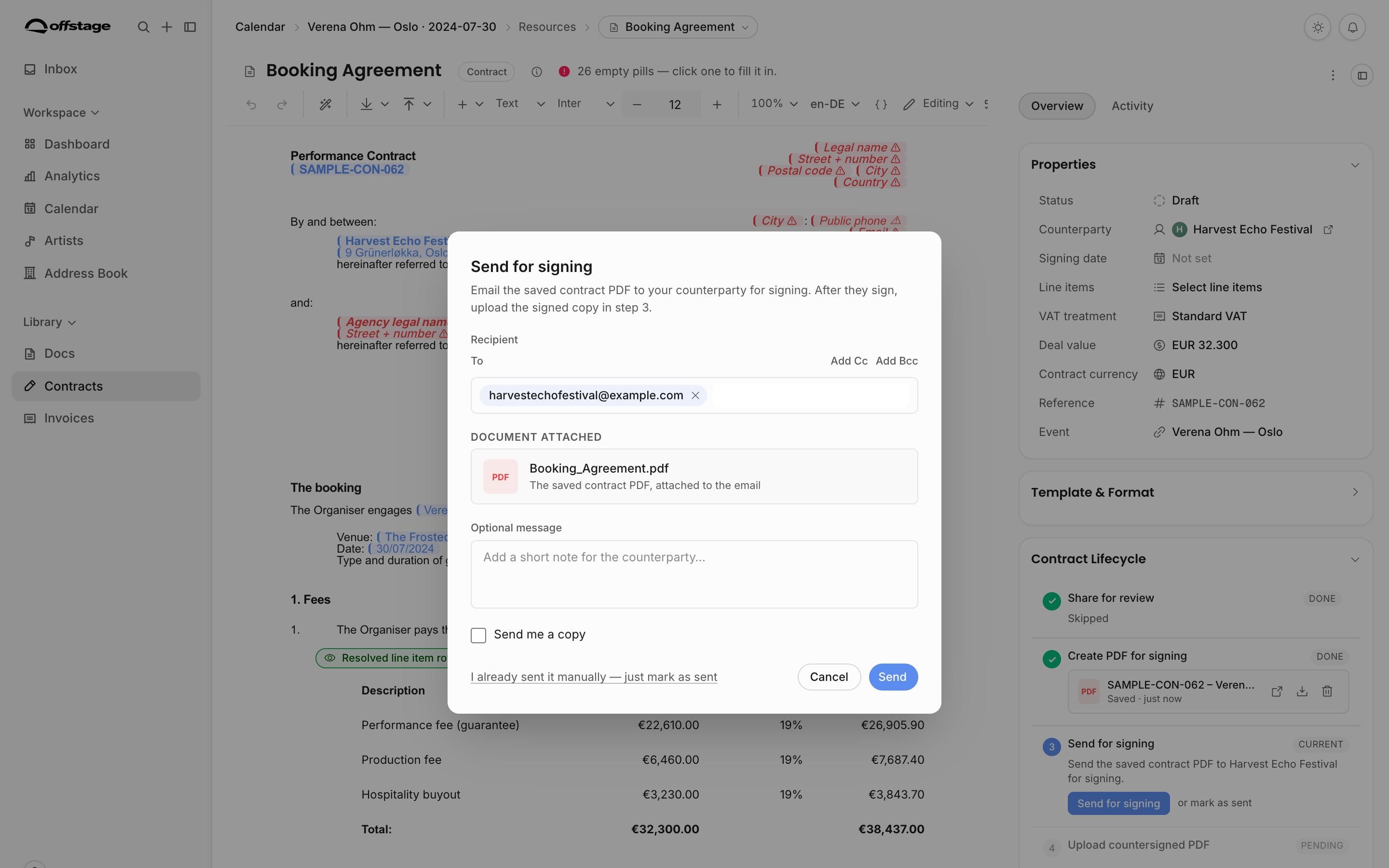 Send for signing dialog with recipient chips, attached contract PDF, optional message, copy checkbox, and manual sent link