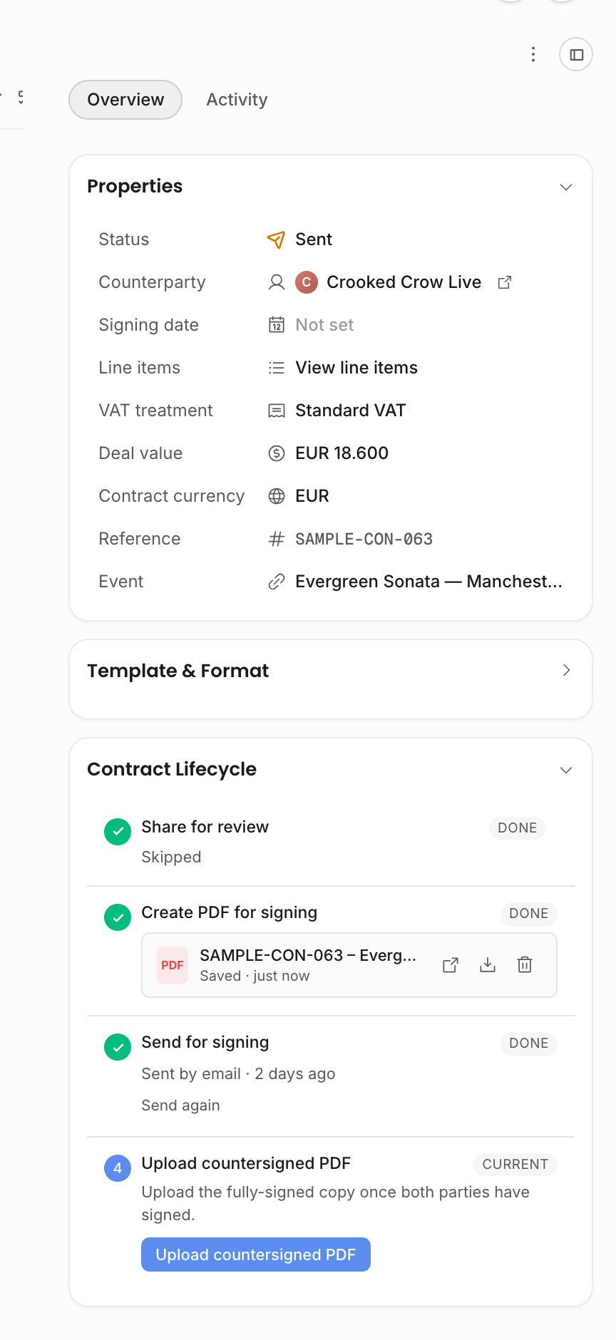 Contract lifecycle rail showing a sent contract awaiting upload of the countersigned PDF