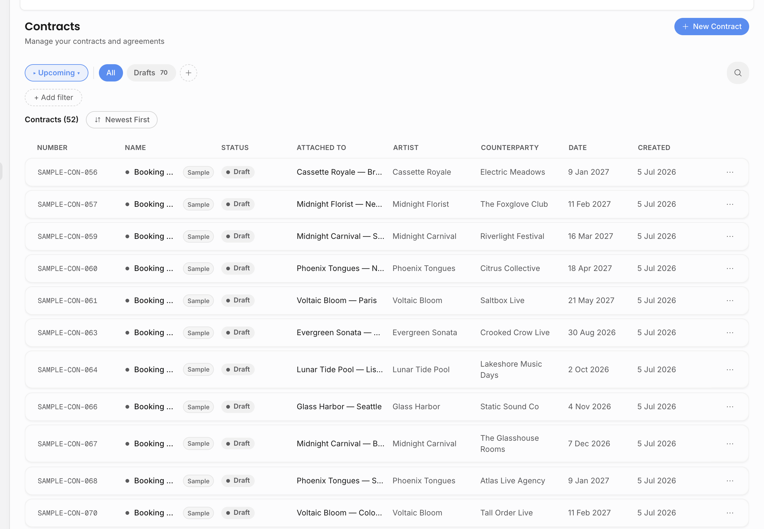Contracts list showing filters, contract numbers, statuses, attached shows, artists, counterparties, and dates