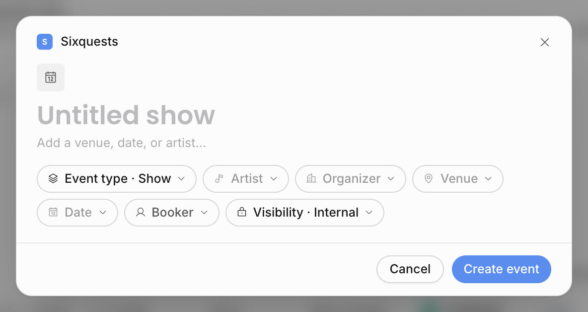 Create event modal set to Show with artist, organizer, venue, date, and booker fields