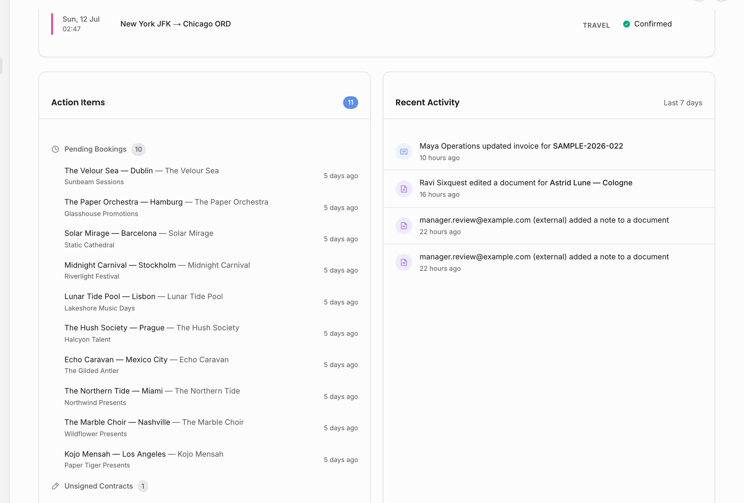 Dashboard lower panels showing action items with pending bookings and unsigned contracts next to recent activity