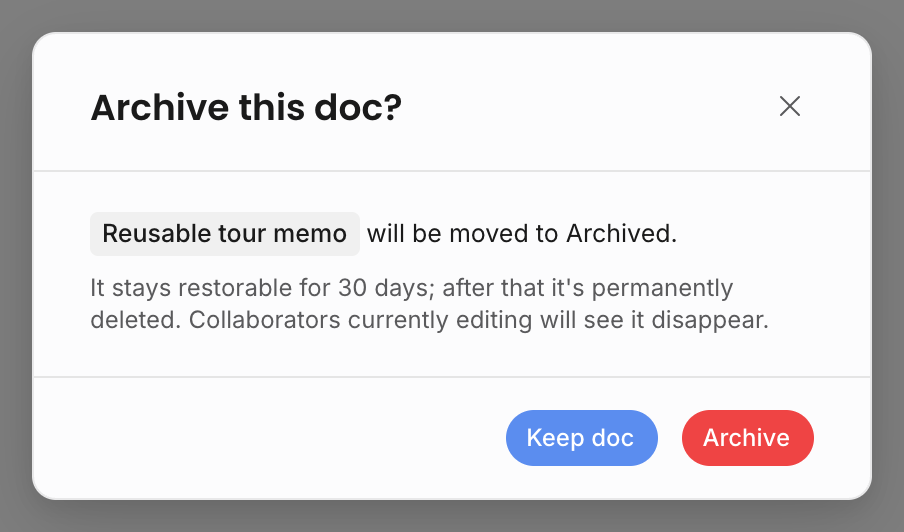 Archive document confirmation dialog with Keep doc and Archive actions