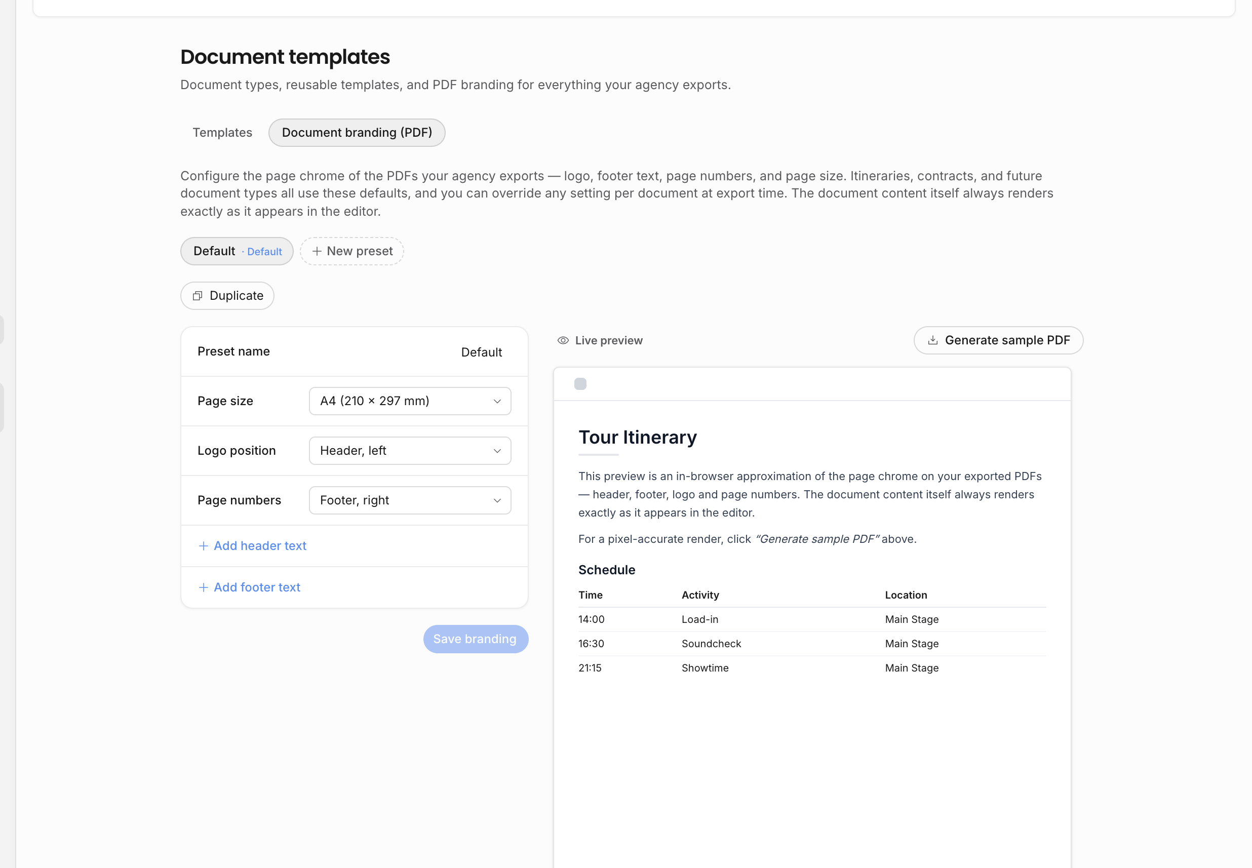 Document branding PDF settings with preset controls, page size, logo position, page numbers, header and footer text, live preview, and sample PDF generation