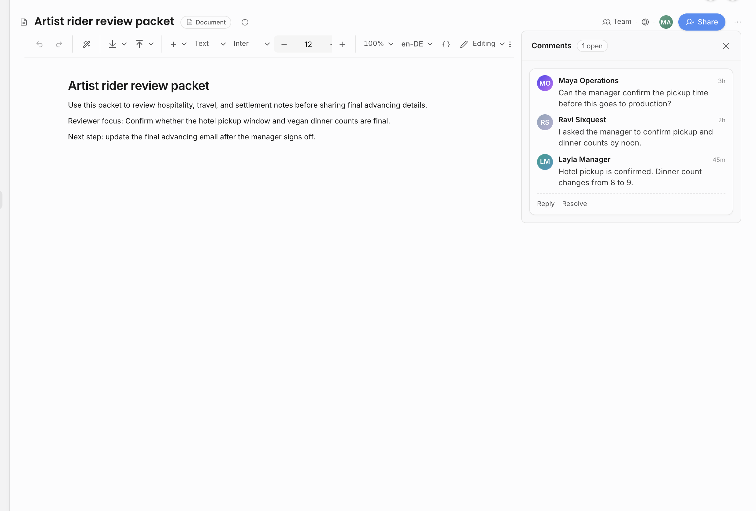 Internal document editor with the comments panel open next to a rider review packet