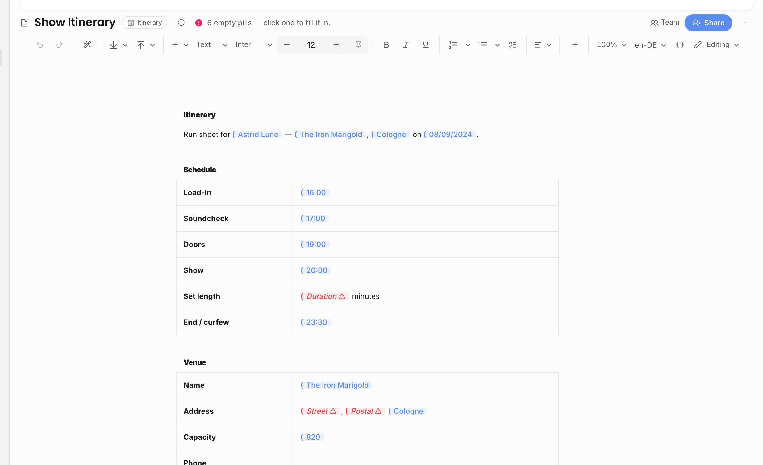 Structured itinerary document with live data in tables