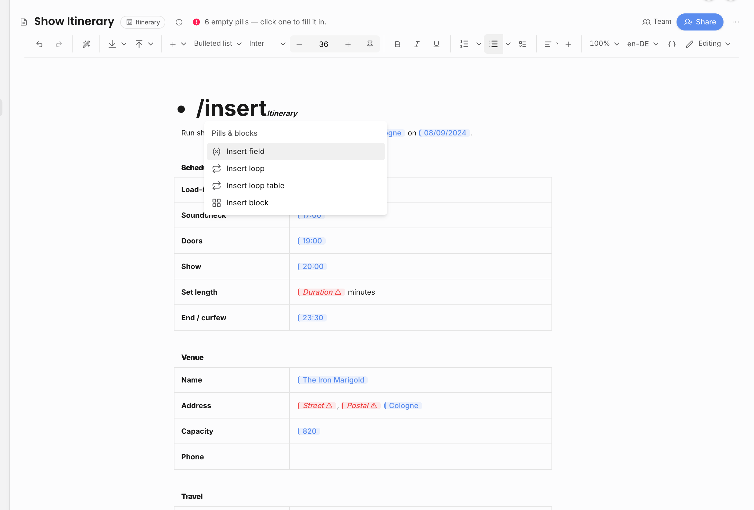 Document editor slash menu showing loop insertion actions