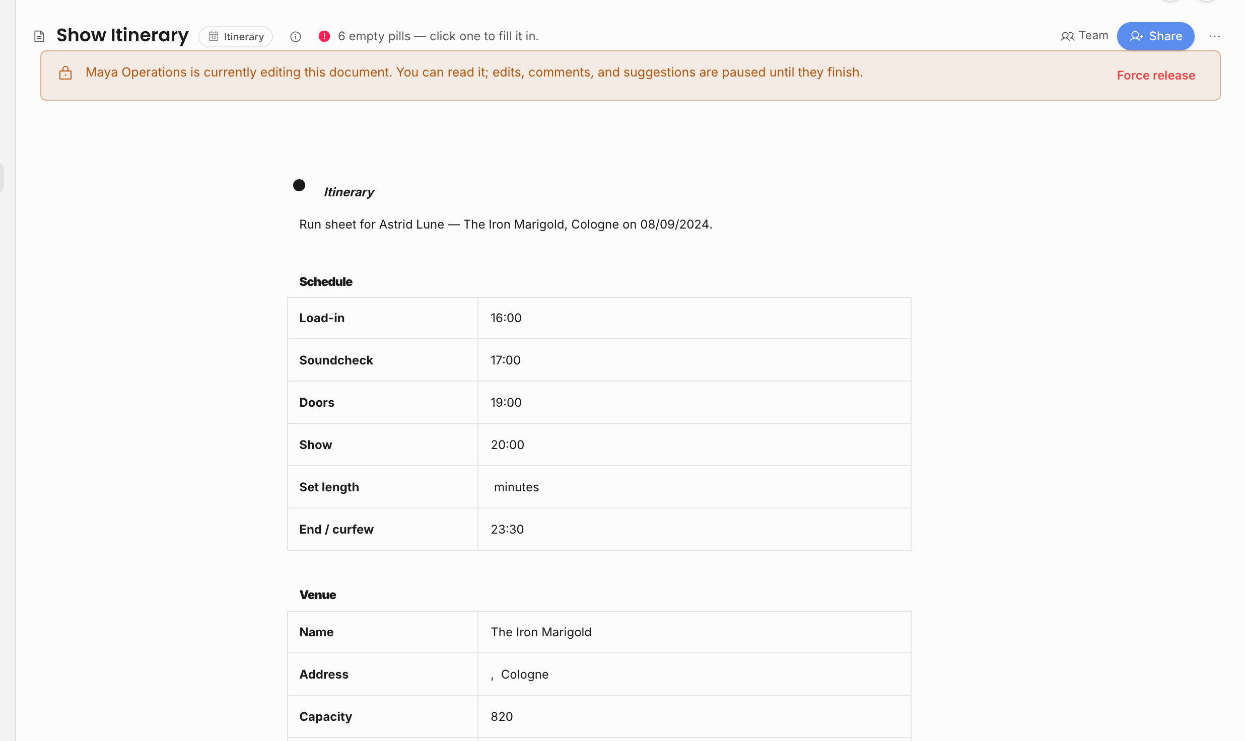 Document editor showing a lock banner saying another teammate is currently editing the document, with a Force release control