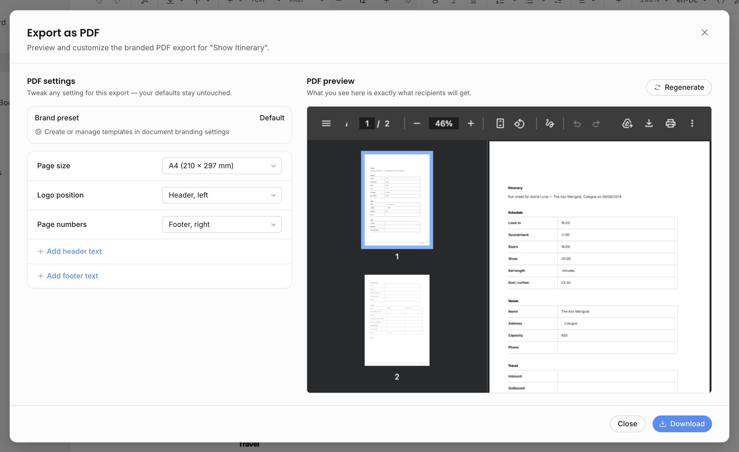 PDF export dialog showing brand preset, page size, logo position, page numbers, generated PDF preview, and download action