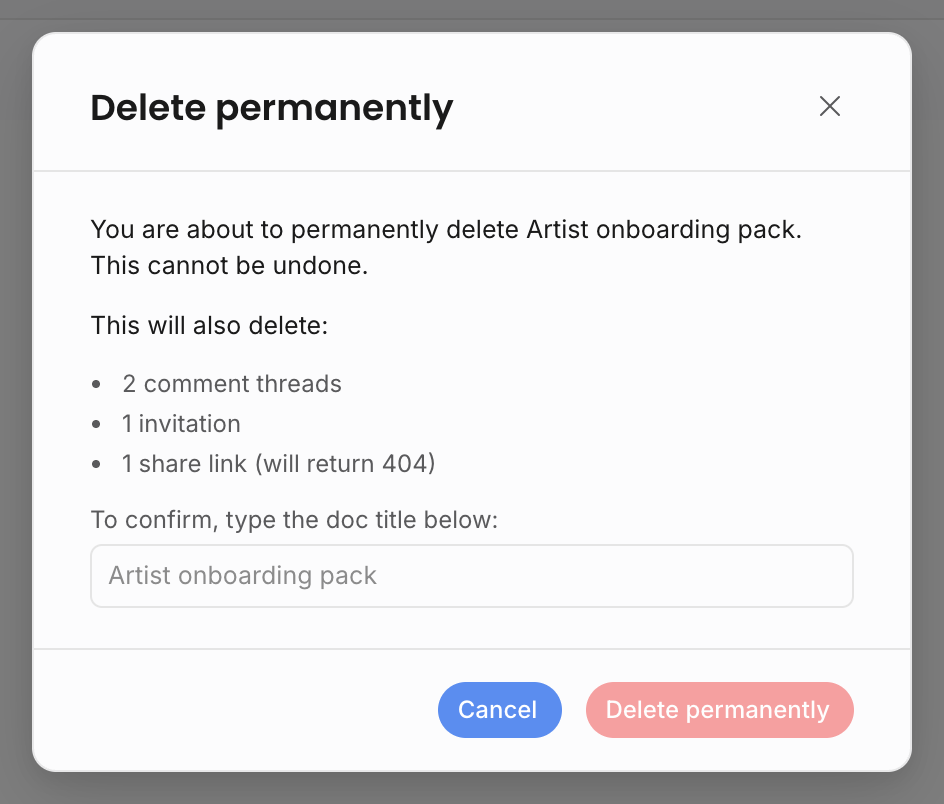 Permanent delete confirmation showing comment, invite, and share-link counts before requiring the document title