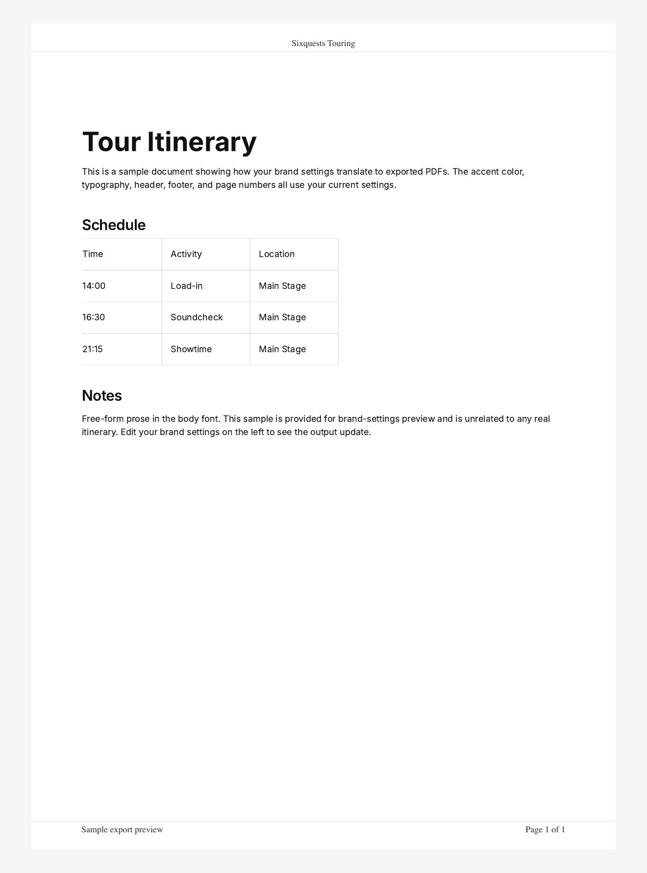 Generated sample PDF showing header text, footer text, page number, and sample itinerary content