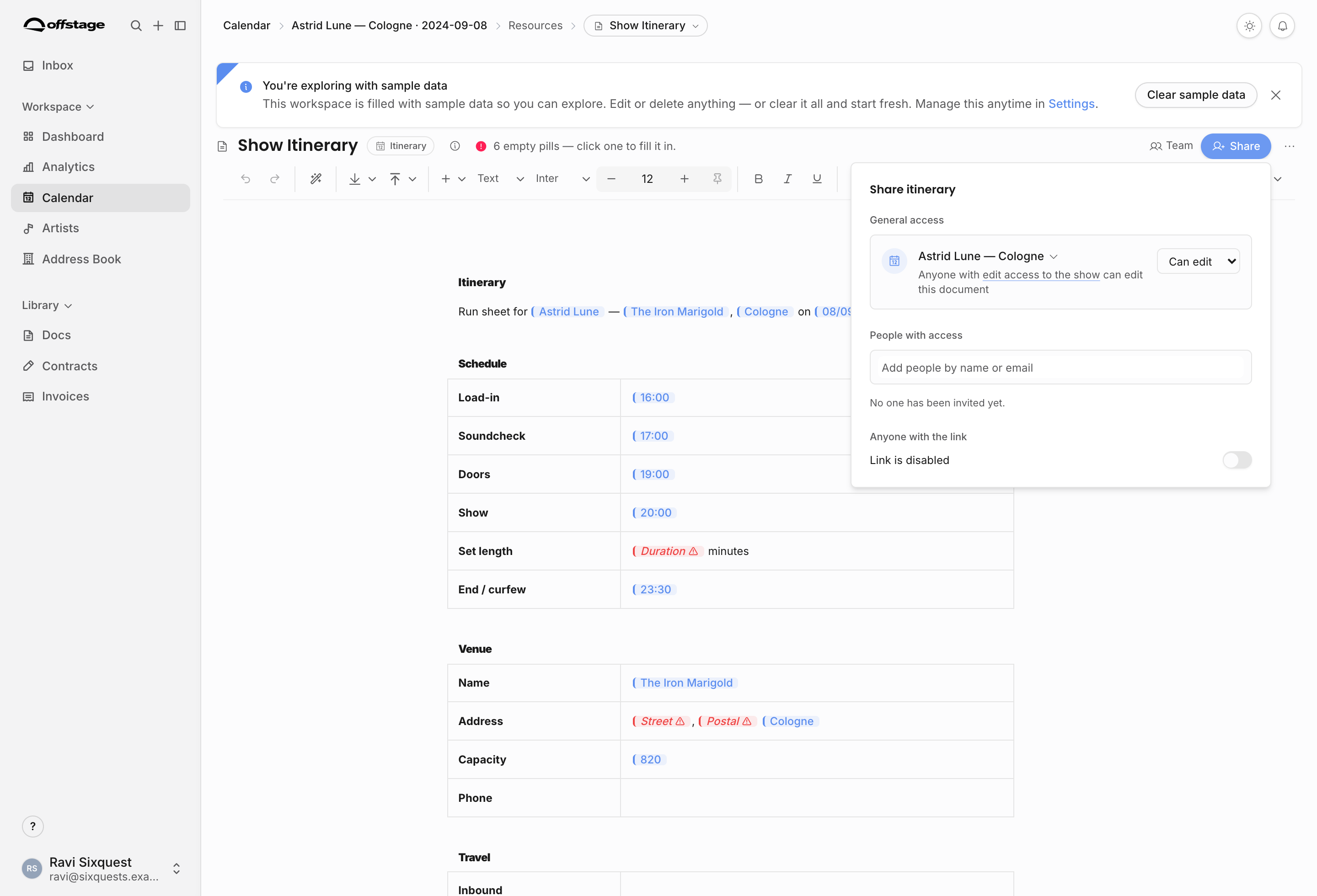 Document share dialog with general access, invite search, and anonymous link toggle