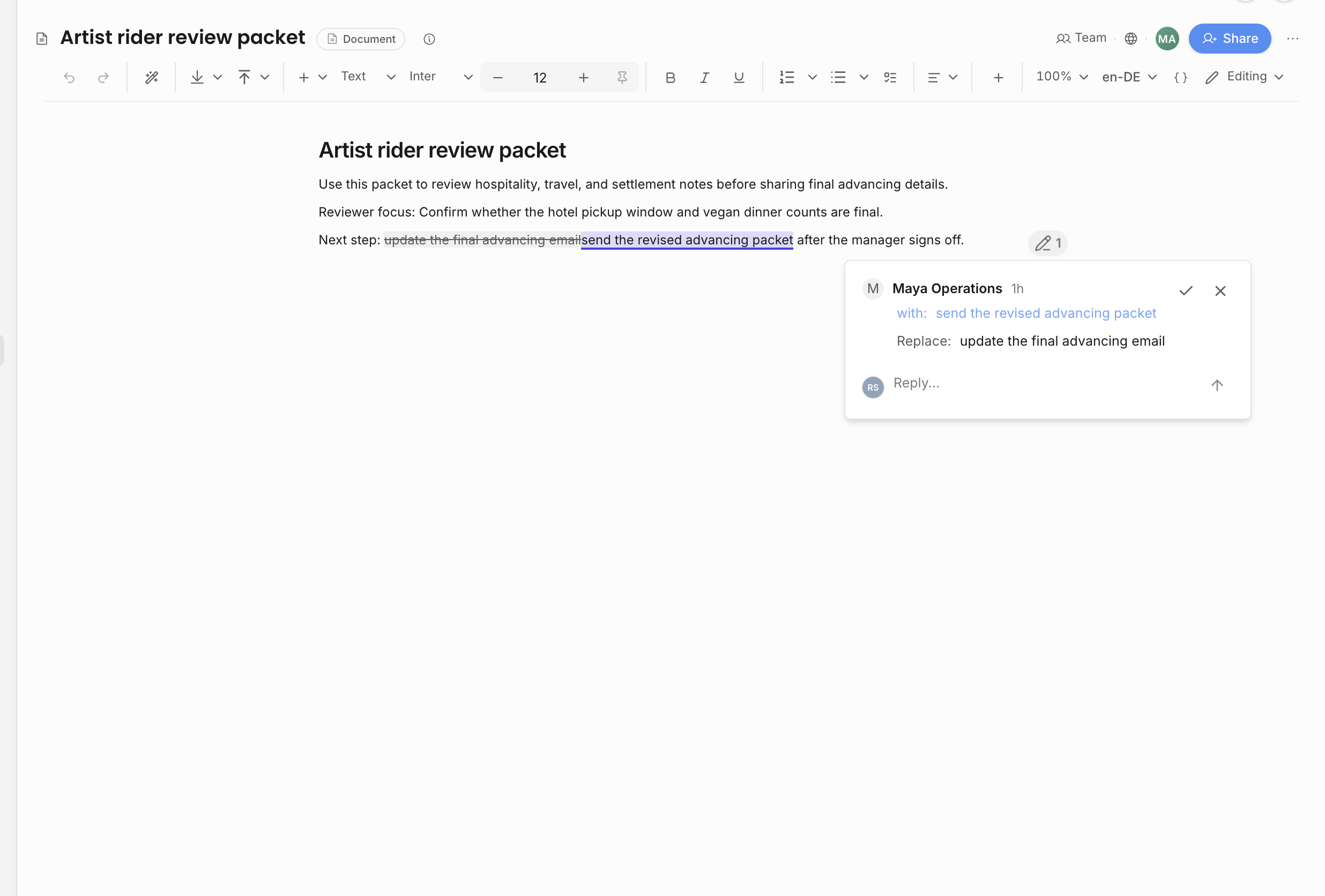 Document editor showing a proposed replacement with accept and reject controls on the suggestion card
