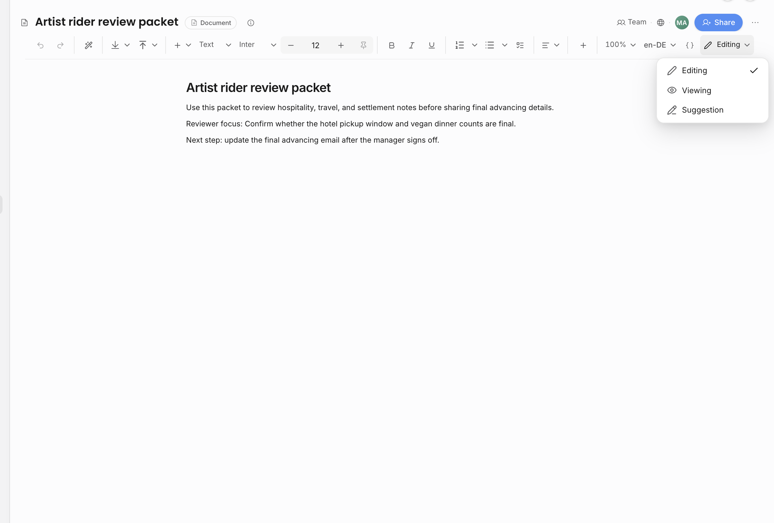 Document editor mode menu showing Editing, Viewing, and Suggestion options