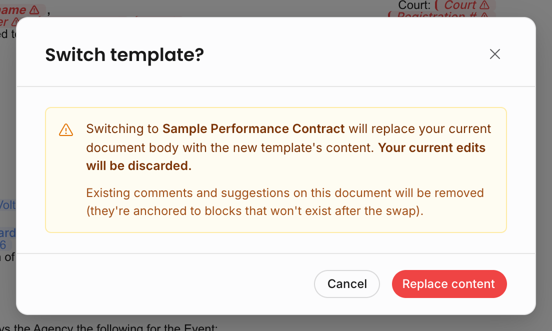 Contract document switch-template confirmation warning that replacing the template will discard current edits and remove existing comments and suggestions