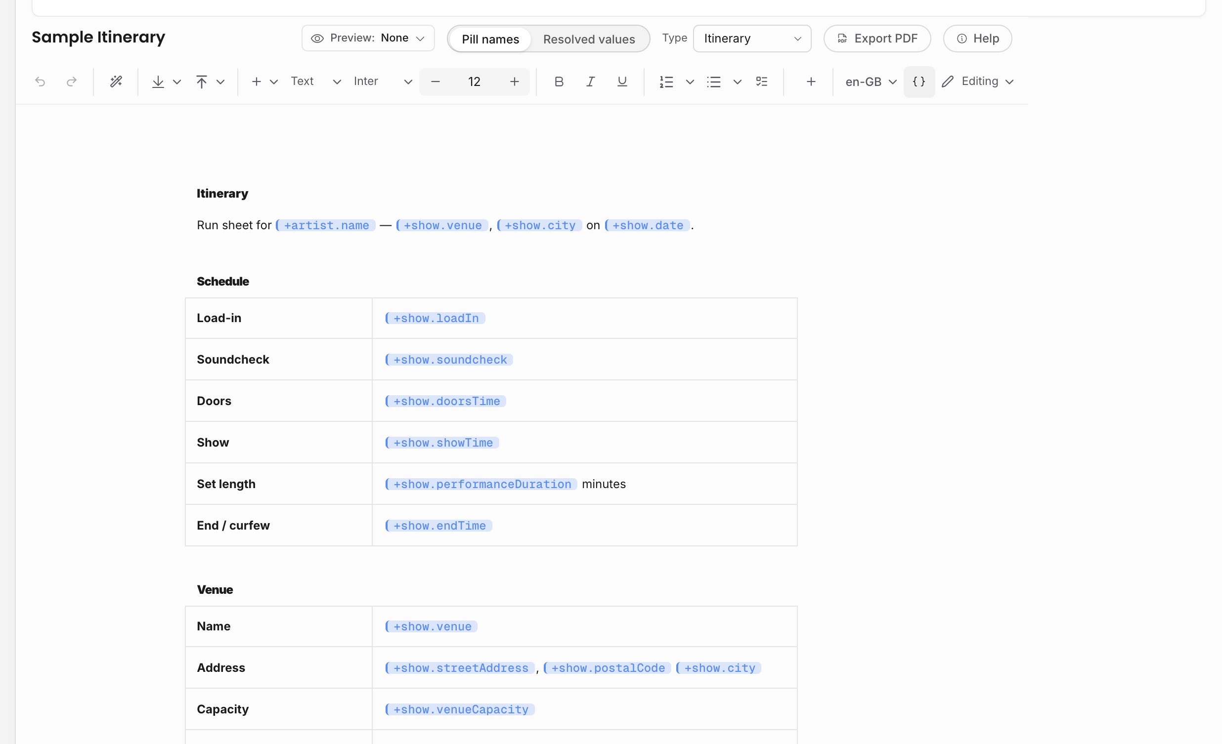 Document template editor with preview entity picker, pill names, resolved values, type selector, export PDF, locale, and template body