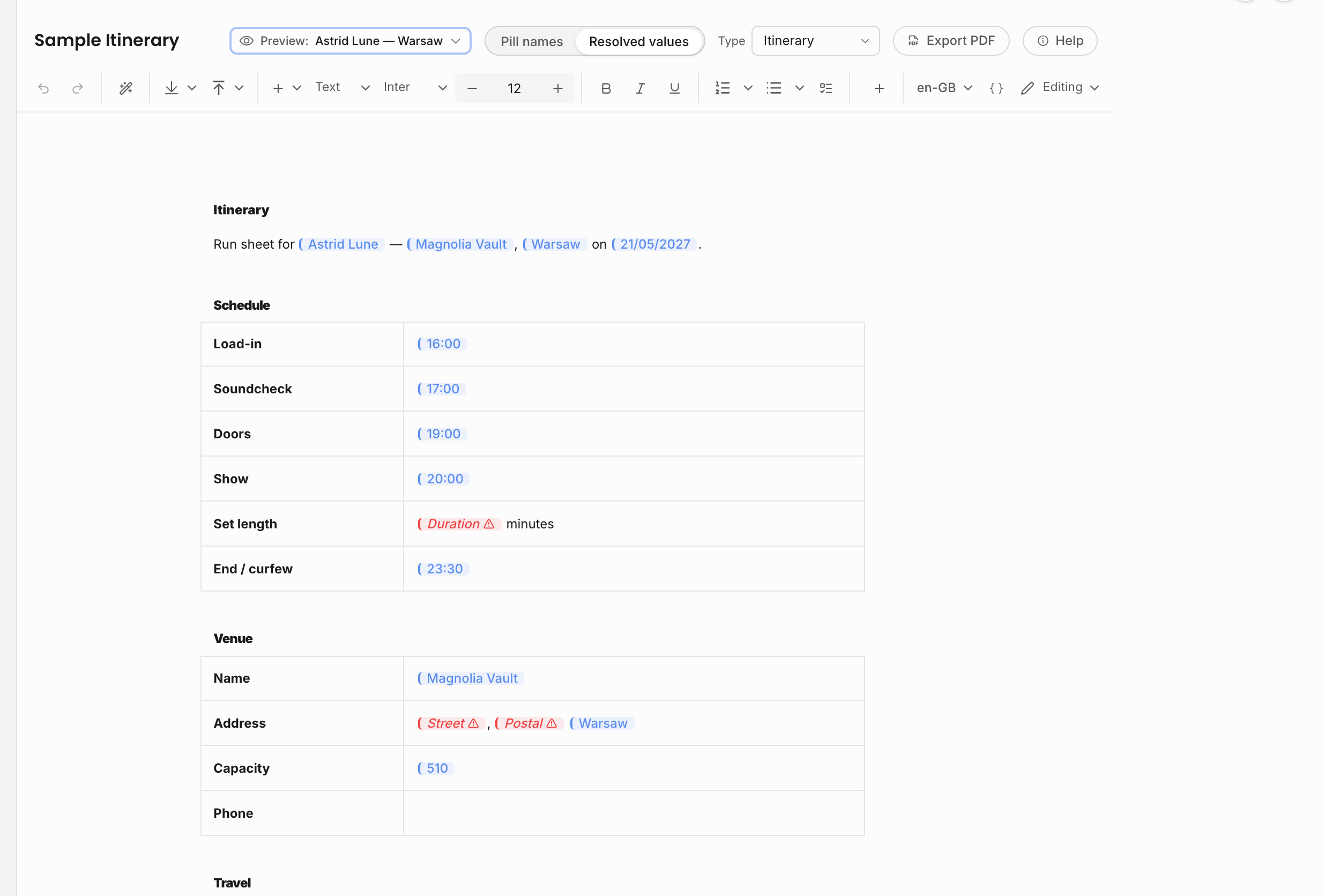 Document template editor with a selected preview event and resolved values shown in the itinerary body