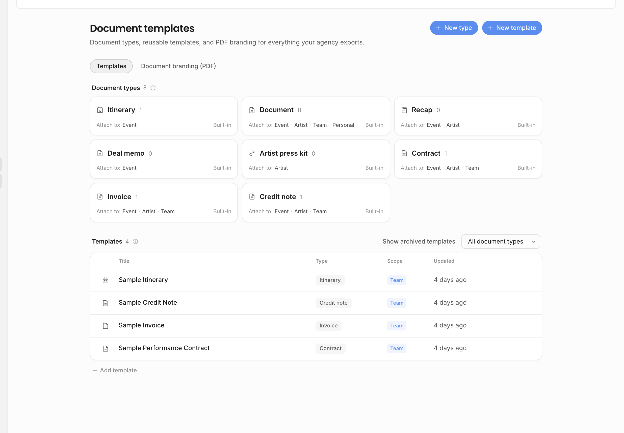 Document templates settings with document types, allowed parent contexts, and team templates