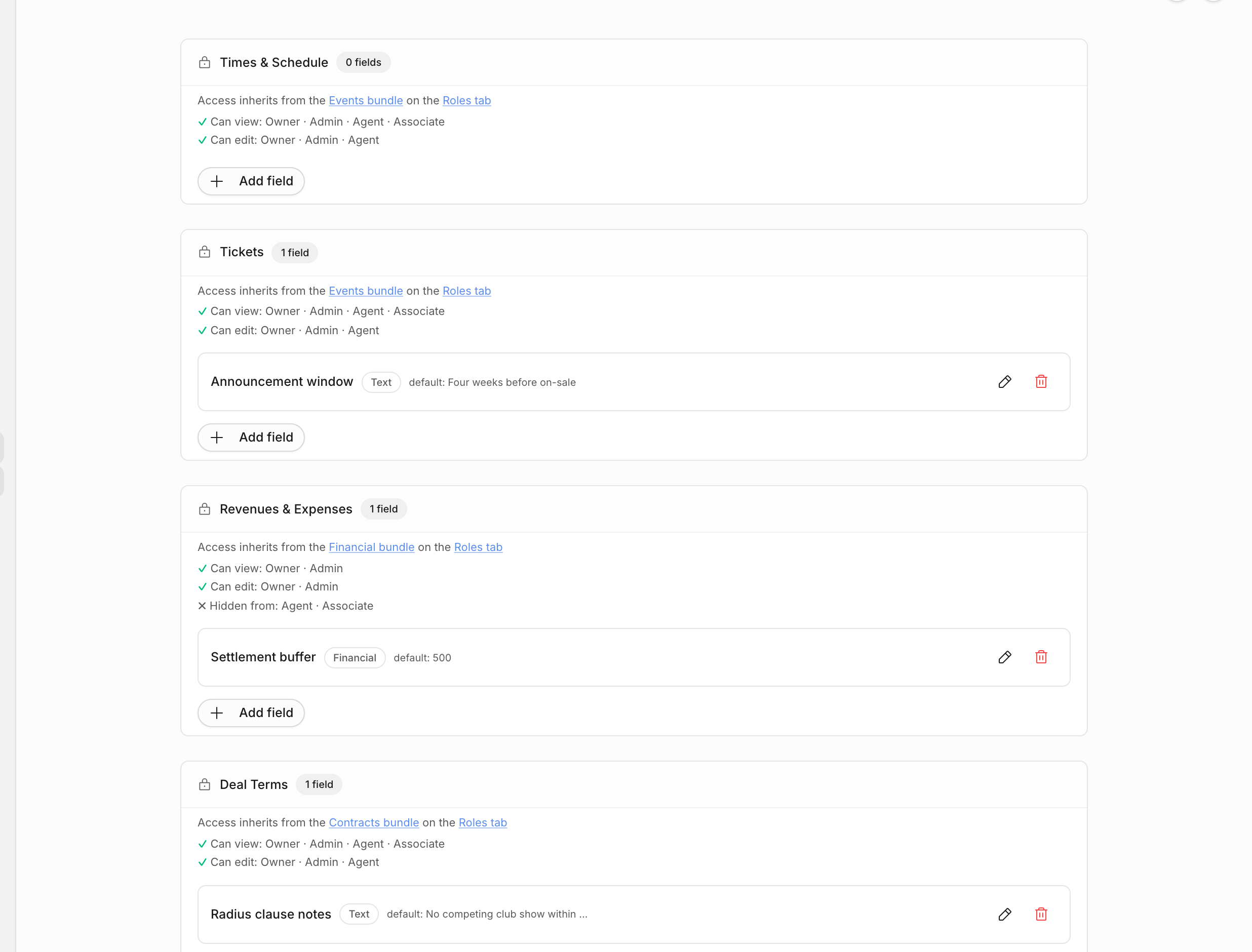 Custom form field sections showing Events, Financial, and Contracts permission bundles