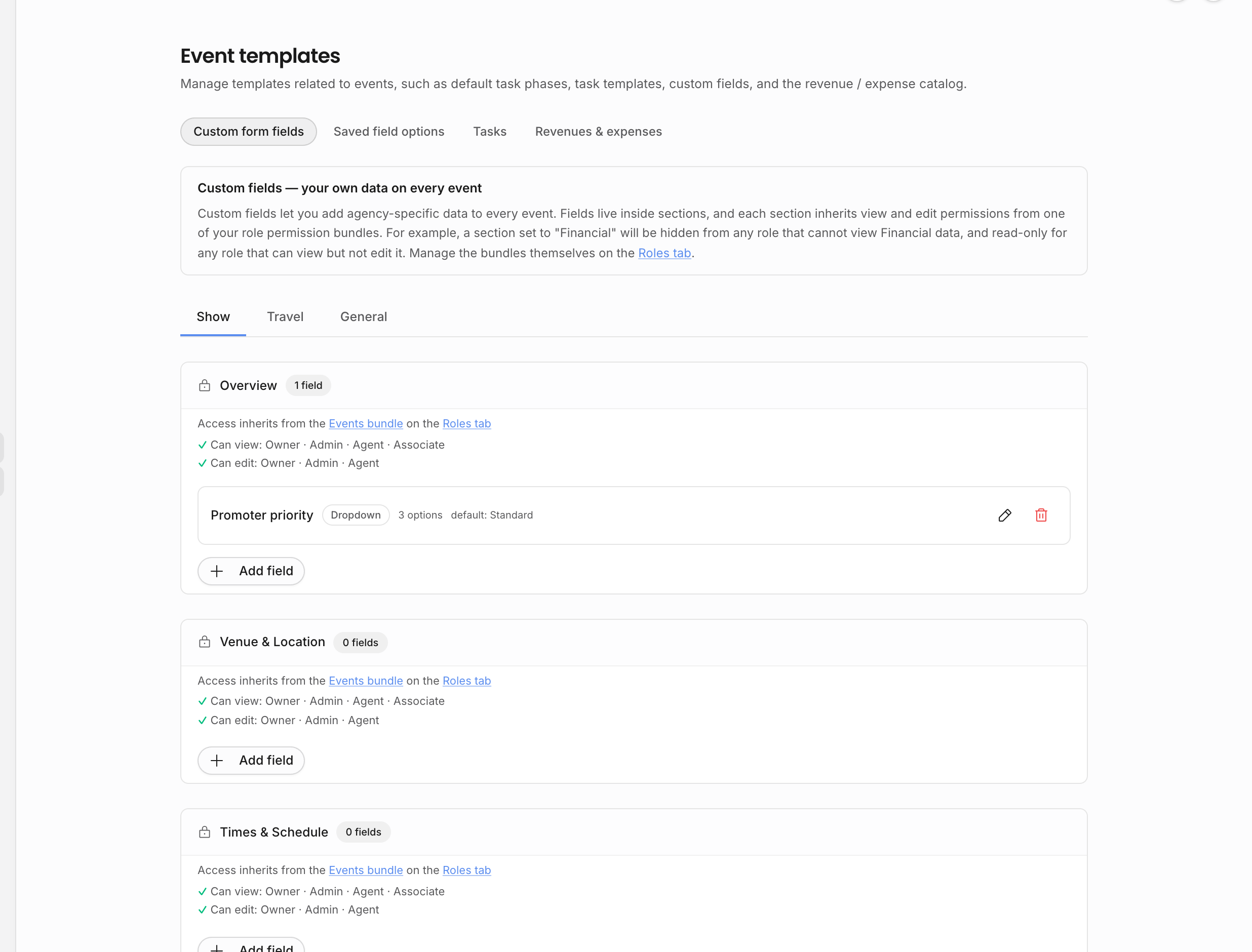 Custom form fields settings with a Promoter priority dropdown field inside the Overview section