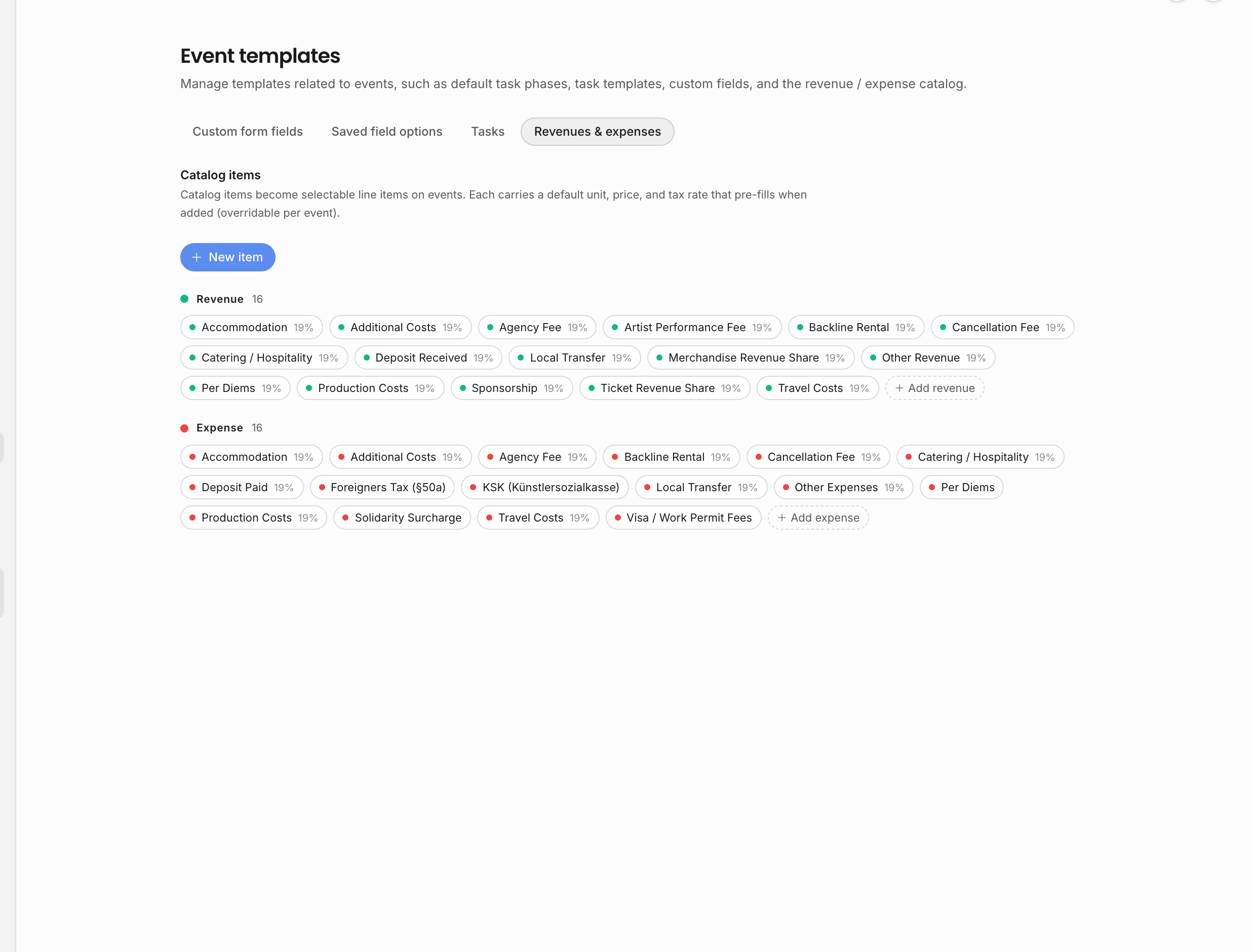 Revenue and expense catalog settings with reusable revenue and expense chips