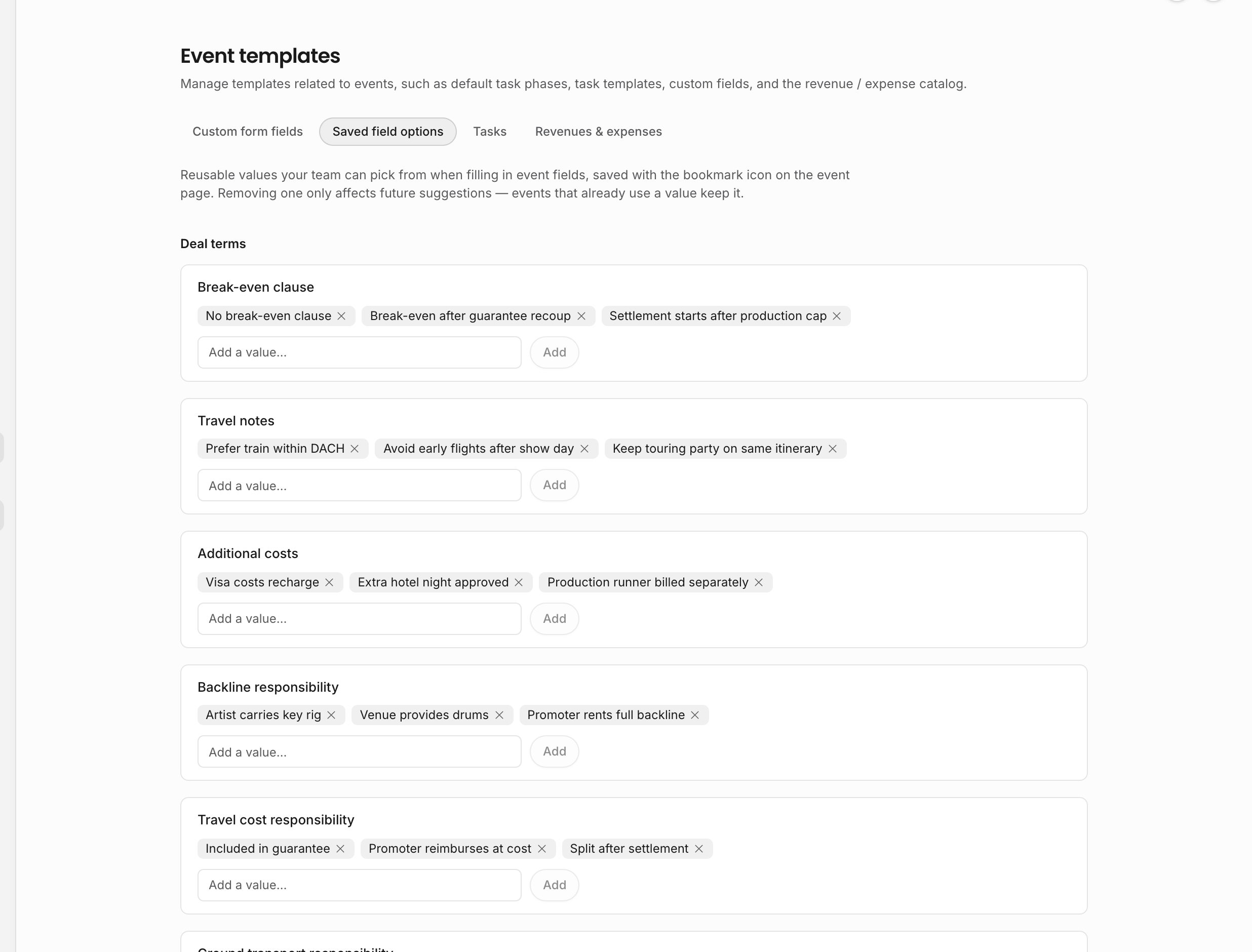 Saved field options settings with reusable values for deal terms, travel notes, costs, backline responsibility, and travel cost responsibility